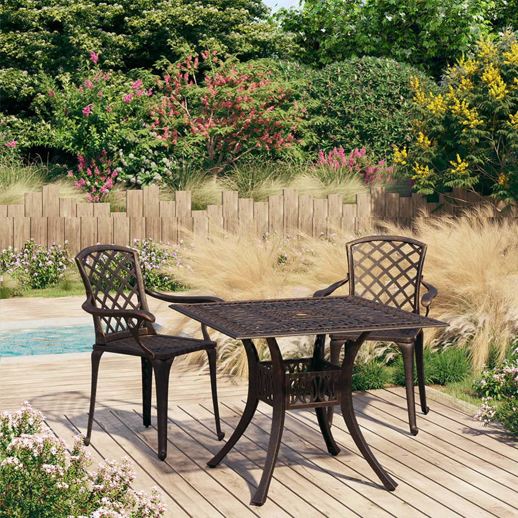 vidaXL Bronze Bistro Patio Set - 3 Piece Cast Aluminum Outdoor Furniture Set with Weather-Rust Resistant Table and Chairs - Includes Umbrella Hole