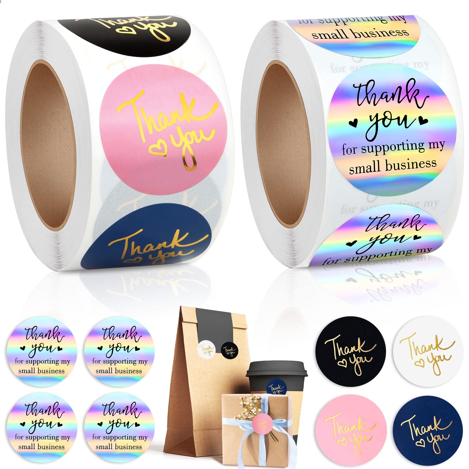 1000Pcs 1.5Inch Thank You Stickers, Holographic Thank You For Supporting My Small Business Stickers Thank You For Your Order Sti