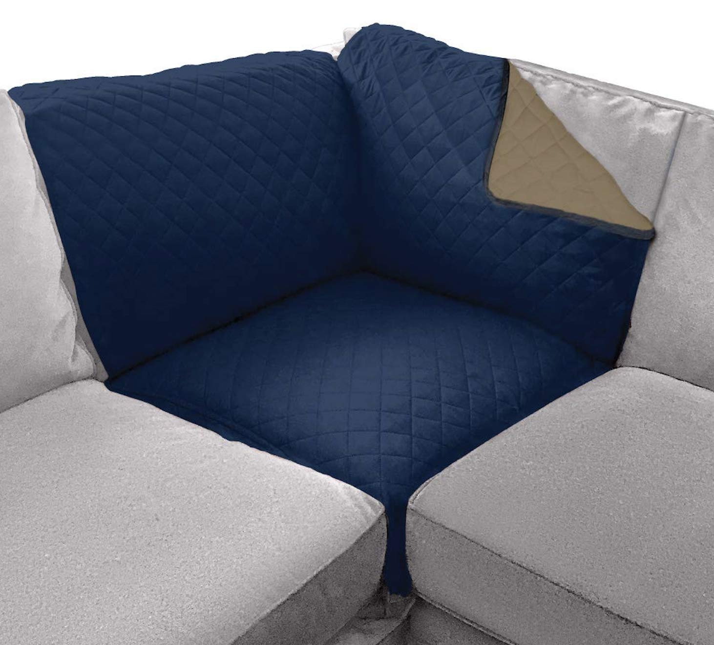 Sofa Shield Patented Sectional Slip Cover, Large Cushion Protector, Reversible Stain And Dog Tear Resistant Slipcover, Quilted Microfiber 30X30” Seat, Washable Covers For Dogs Pets Kids, Navy Sand