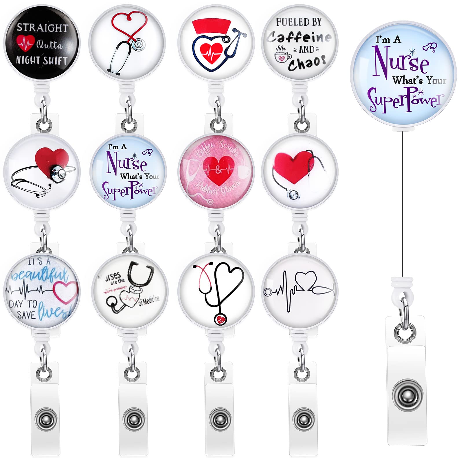 Zonon 12 Pcs Nurse Badge Reels Retractable Badge Holder Id Badge Clip Cute Nursing Badge Reel With Alligator Clip For Doctor Tea