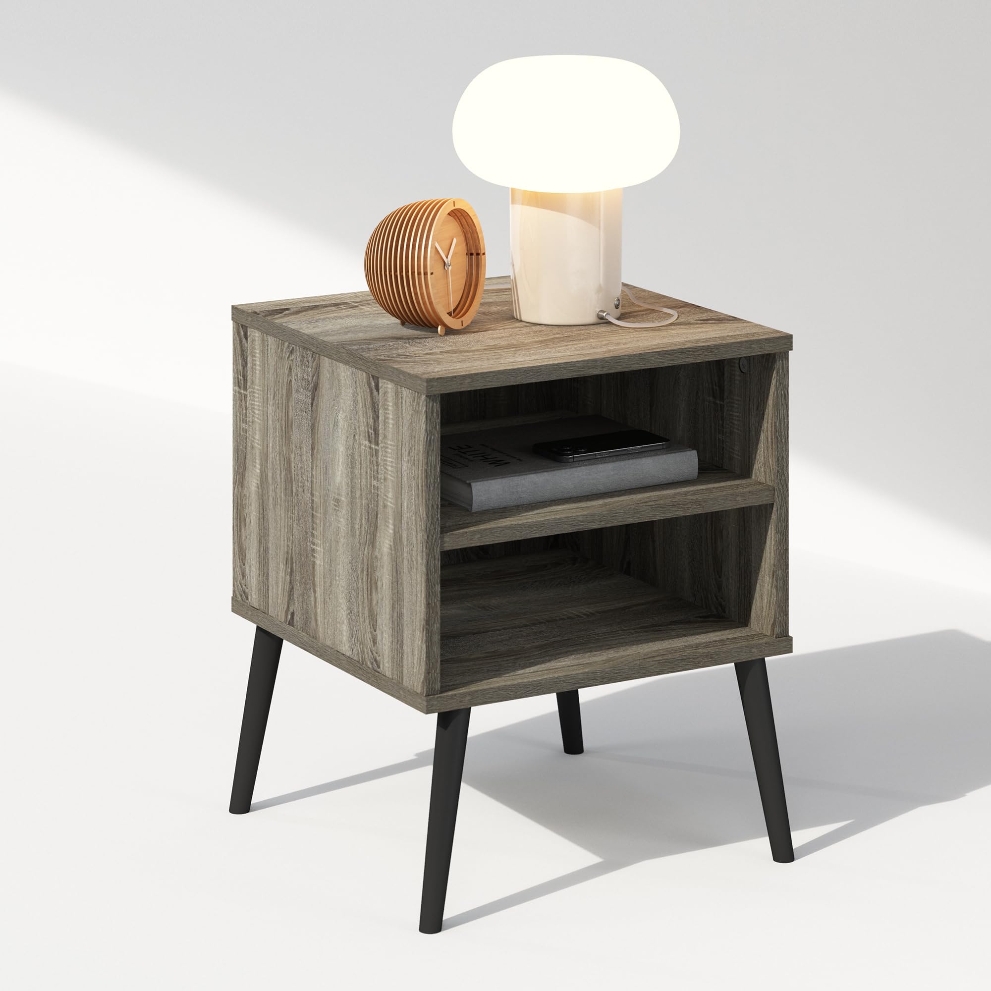 Furinno Claude Mid Century Style Nightstand With Wood Legs, 15.55 (D) X 15.55 (W) X 20.16 (H) Inches, French Oak Grey