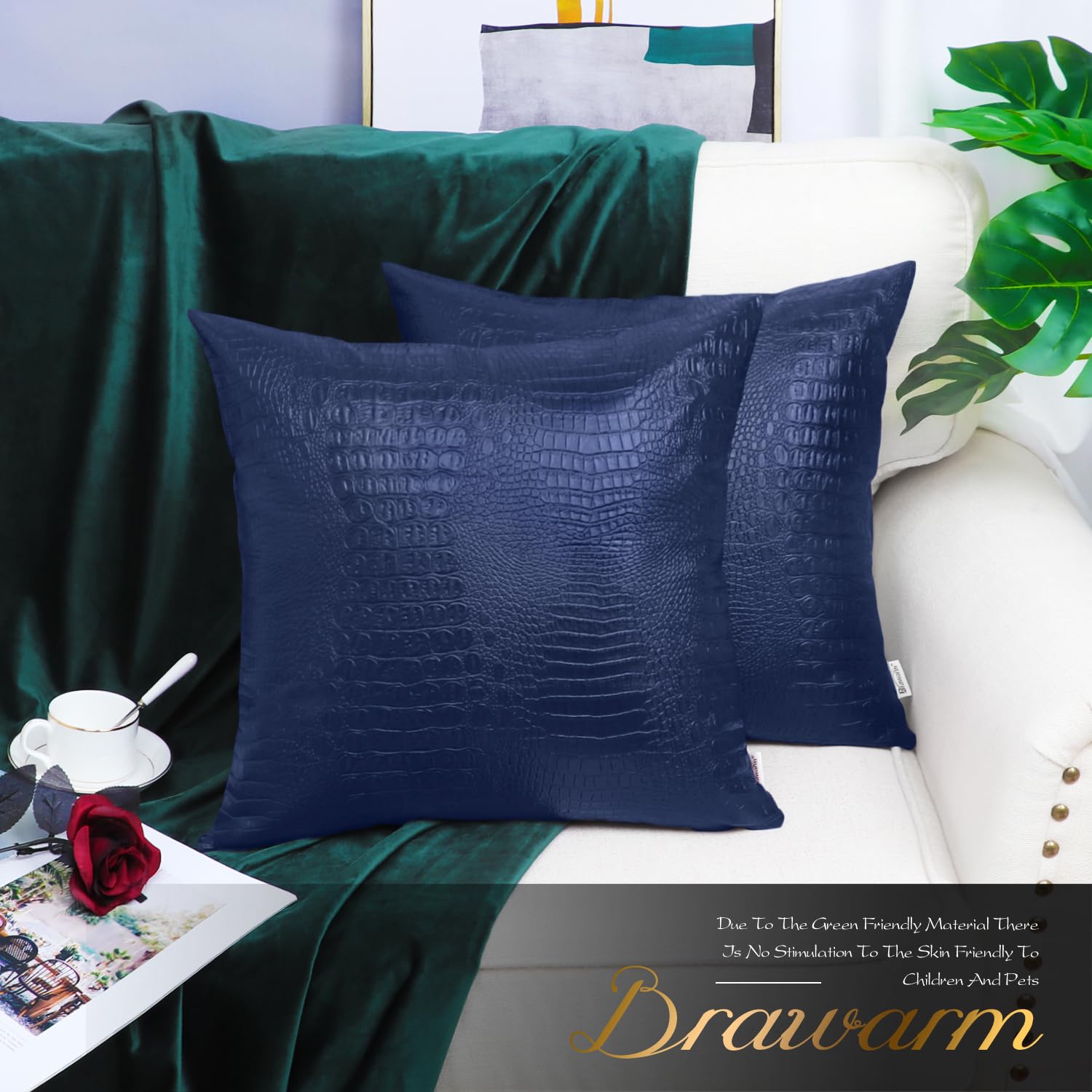 Brawarm Faux Leather Pillow Covers 16 X 16 Inches, Navy Blue Leather Pillow Covers Pack Of 2, Crocodile Leather Decorative Throw