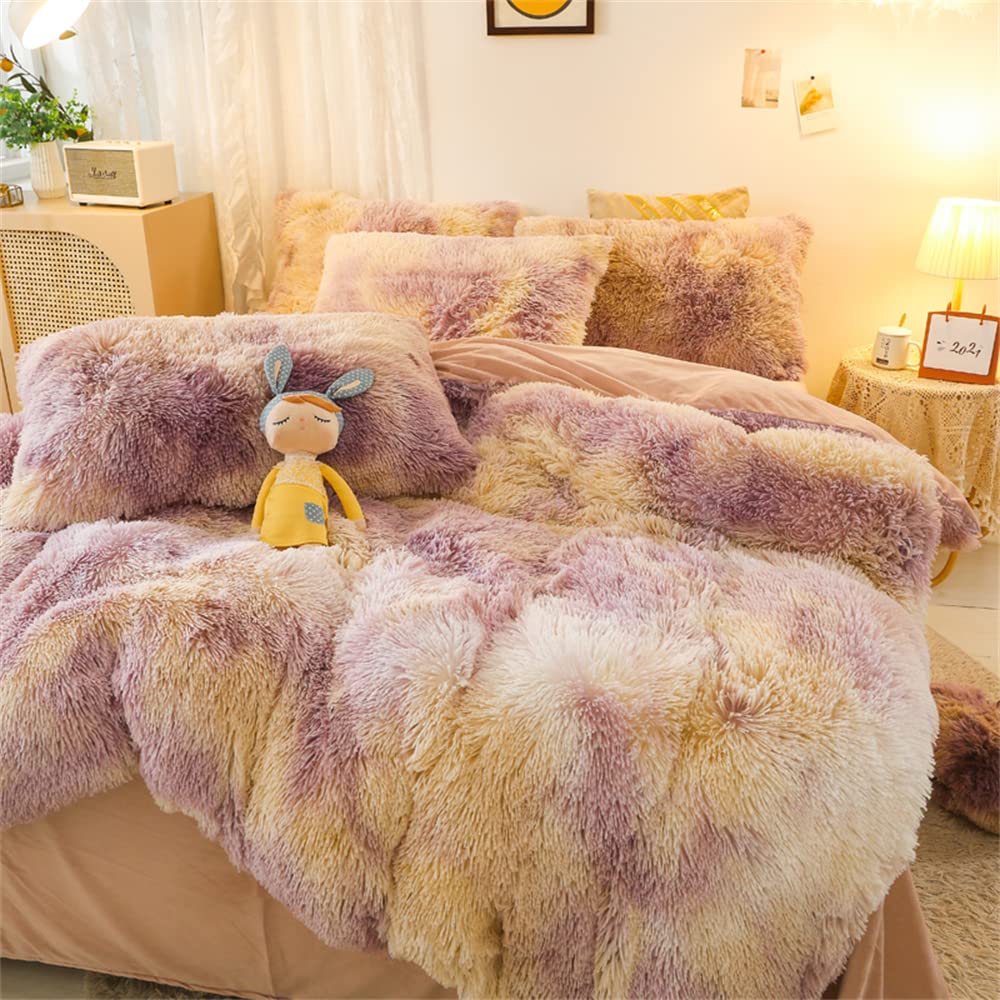 Chovy Faux Fur Plush Tie-Dyed Purple White Orange Comforter Sets Twin/Full Size - Ultra Soft Shaggy Flannel Velvet Fluffy Fuzzy
