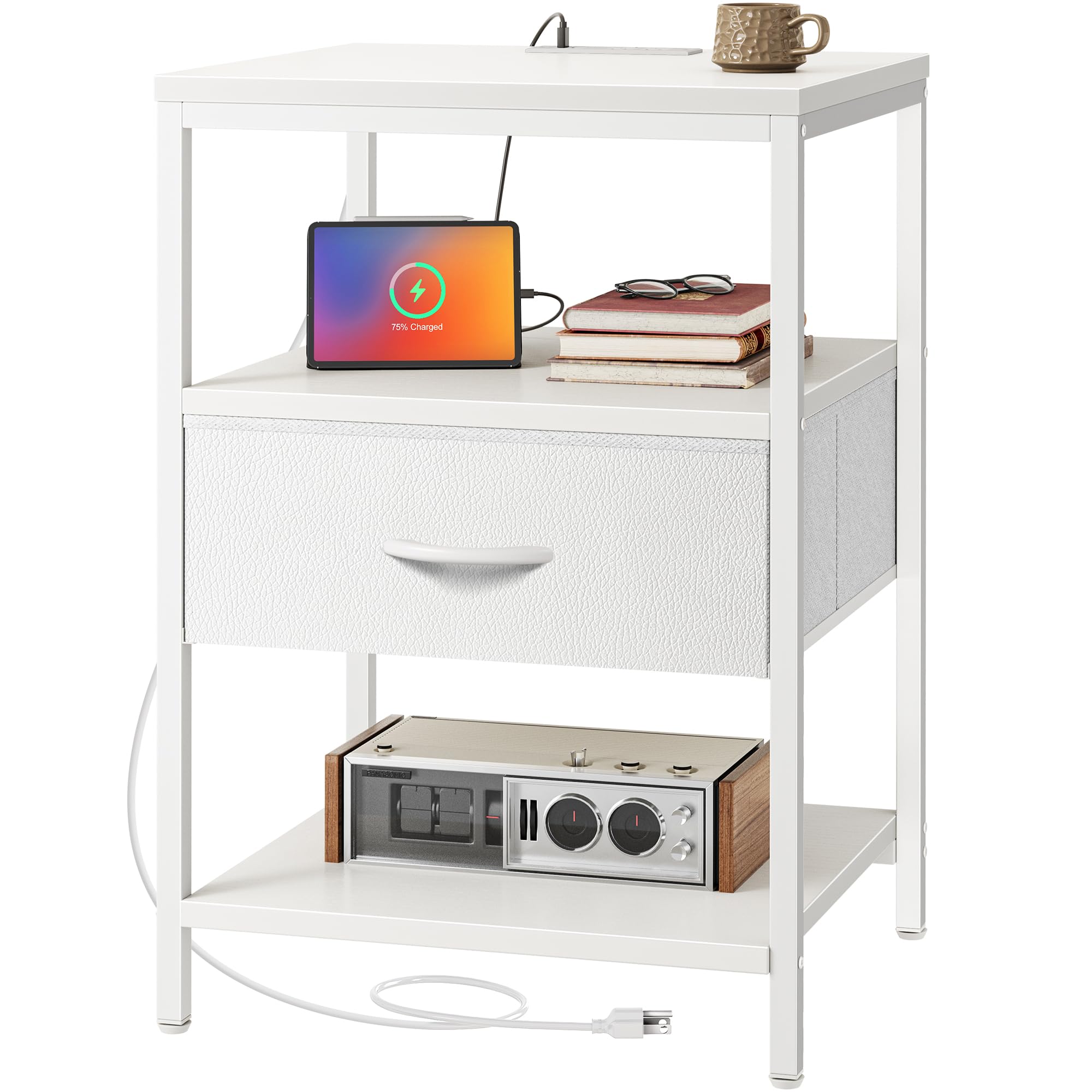 SUPERJARE Nightstand with Charging Station, White Night Stand with Adjustable Drawers, 17.7 Inches Wider Side Table for Bedroom,