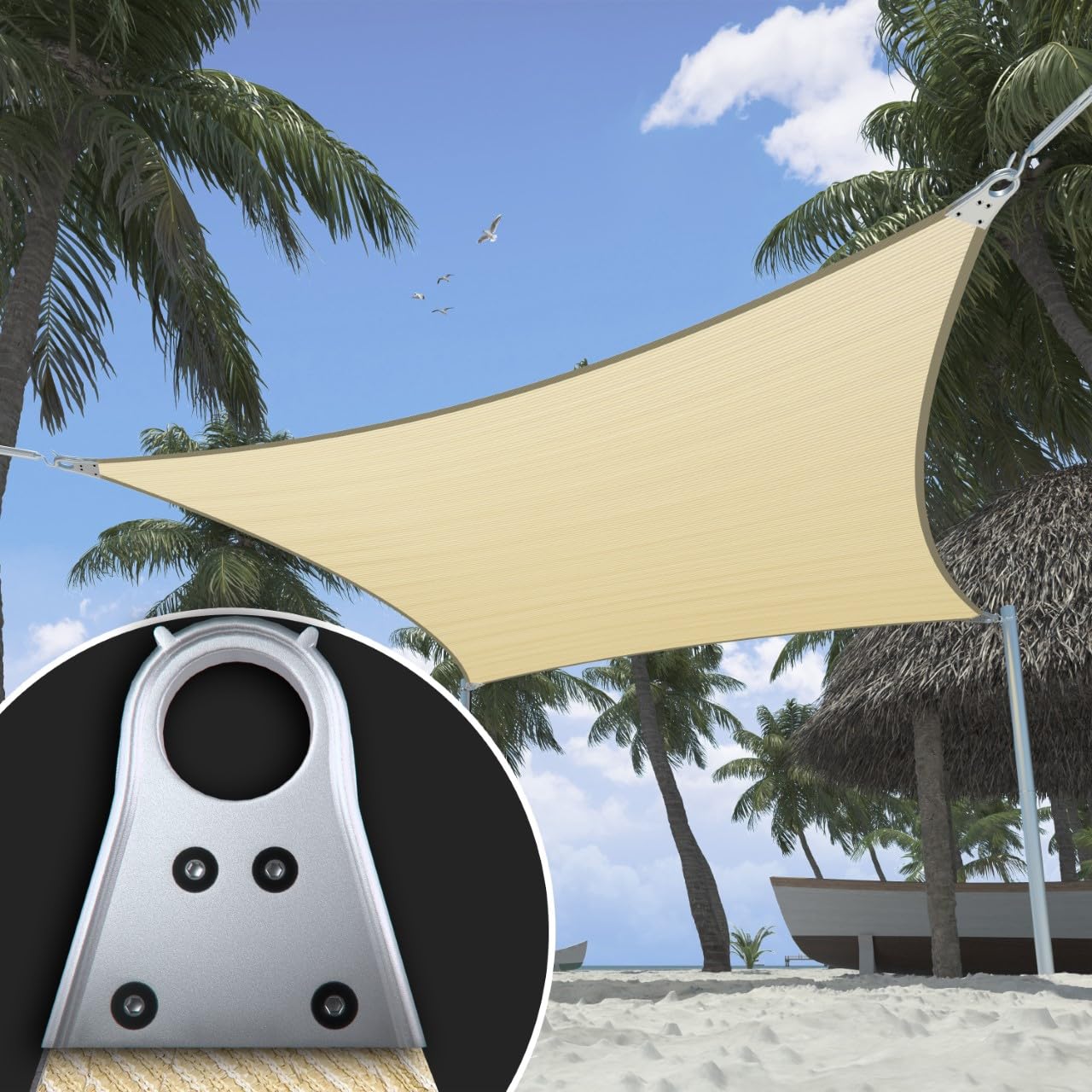 Shademart Heavy Duty 16' X 16' Beige Square Sun Shade Sail, Commercial Grade Upf50 Canopy, Reinforced Corners & Edges, 260 Gsm F