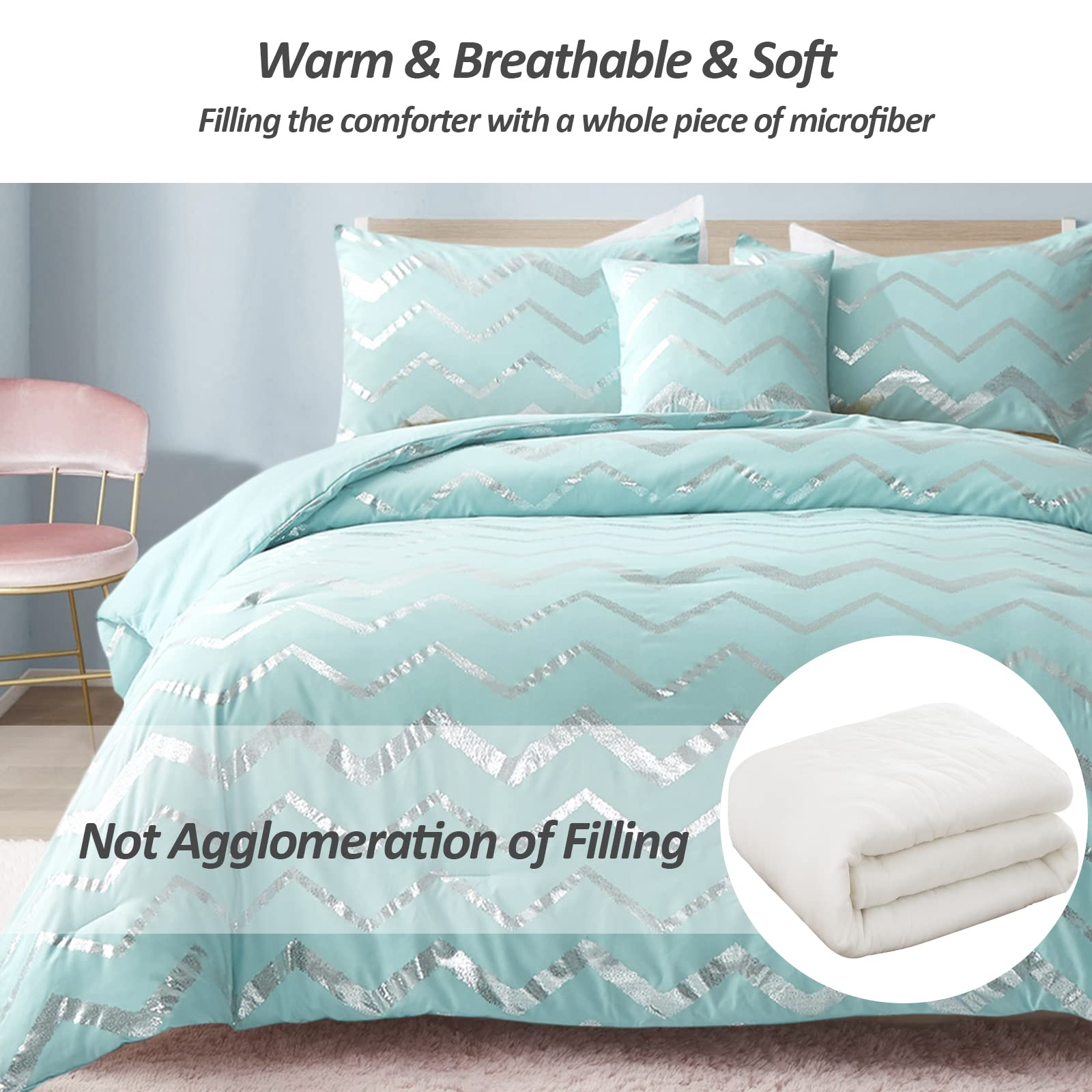 Menghomeus Aqua Comforter Set Queen Size Metallic Teal And Silver Bedding Set, 4 Piece Lightweight Microfiber Bed Set For Teen G