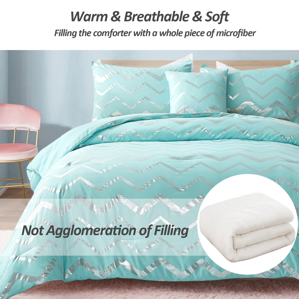 Menghomeus Aqua Comforter Set Queen Size Metallic Teal And Silver Bedding Set, 4 Piece Lightweight Microfiber Bed Set For Teen G