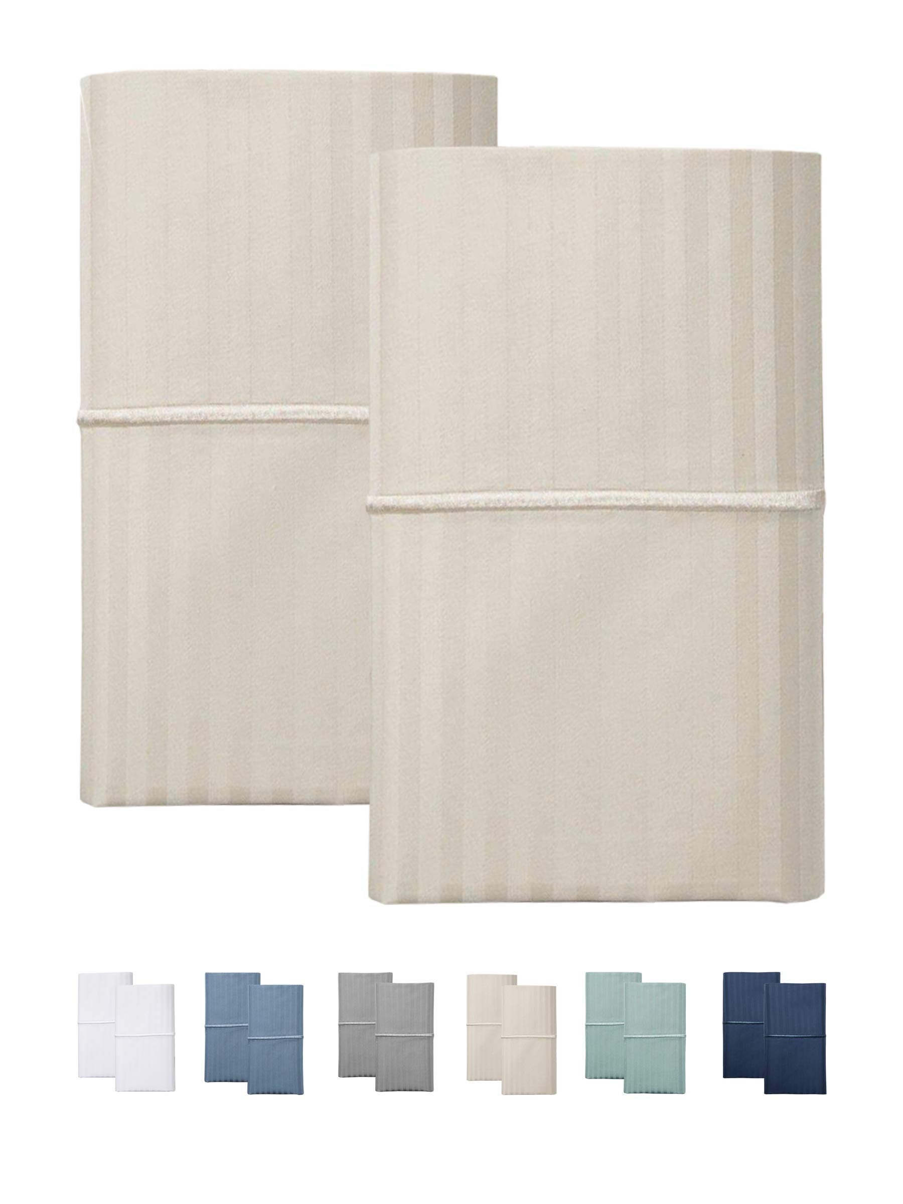 Feather & Stitch 2 Piece Pillowcase Set Standard Size Beige 100% Cotton Damask Stripe Pillow Cases 500 Thread Count 20X30 Inches