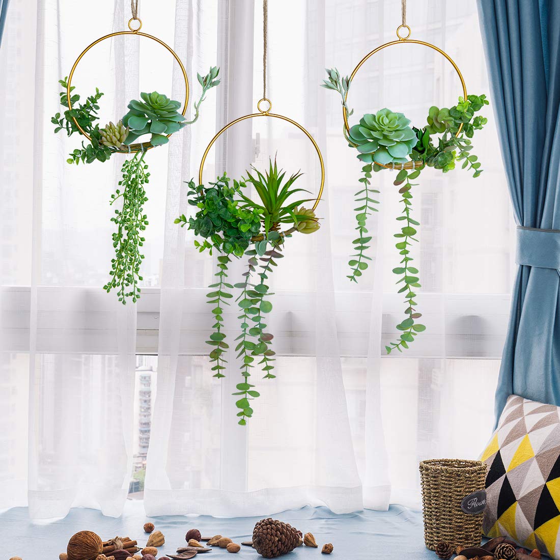 Swthony Artificial Succulents Wreath Set Of 3 Hanging Gold Geometric Garland Greenery Wreath Wall Decor For Wedding Party Nurser