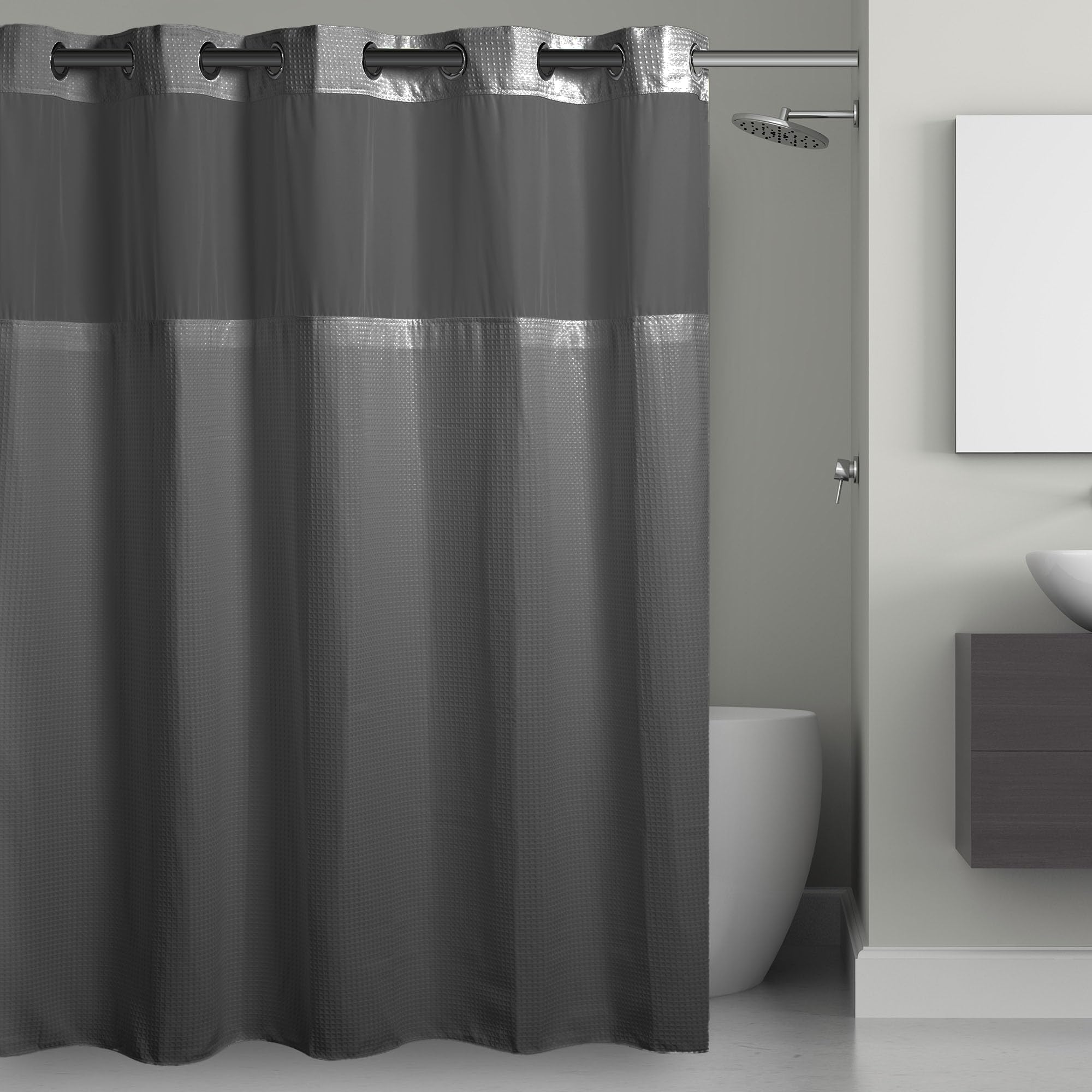 Hookless Its A Snap! Waffle Shower Curtain, 3-in-1 Shower Curtain Includes Fabric Shower Curtain with Sheer Top Window, Flex-On 