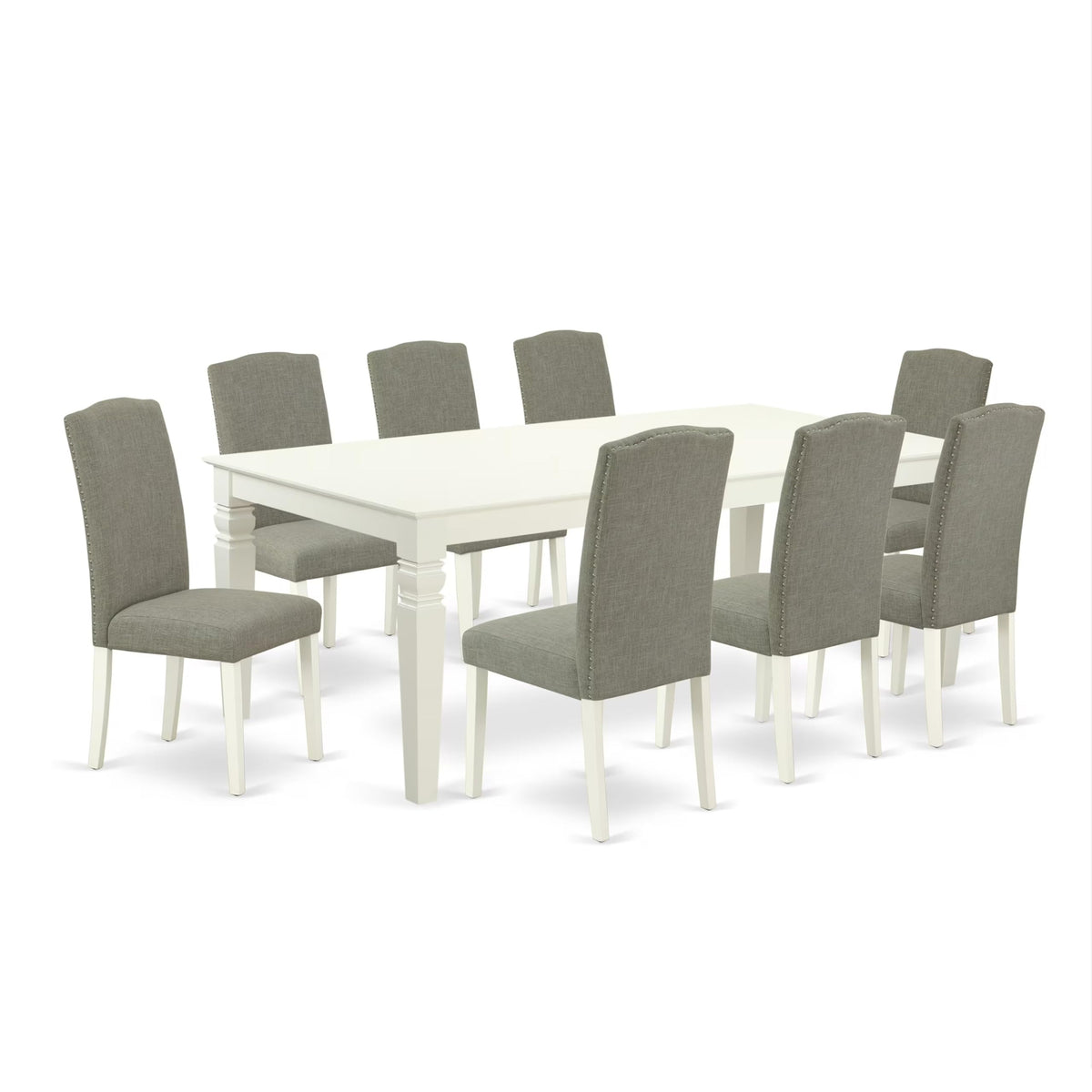 East West Furniture LGEN9-LWH-06 9 Piece Dining Set Includes a Rectangle Dining Room Table with Butterfly Leaf and 8 Dark Shitake Linen Fabric Upholstered Chairs, 42x84 Inch, Linen White