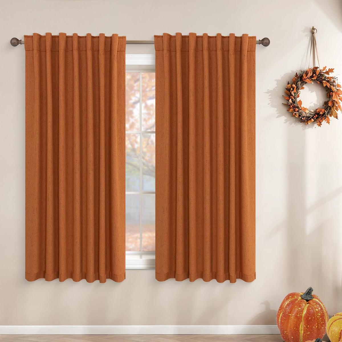 Koufall Fall Kitchen Curtains 45 Inch Length 2 Panels Set,Back Tab Short Linen Blackout Pumpkin Burnt Orange Curtains For Bedroo