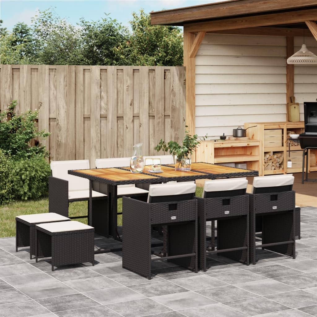 vidaXL Patio Dining Set with Cushions - 11 Piece Outdoor Furniture PE Rattan/Acacia Wood Table & Chairs, Black/Cream
