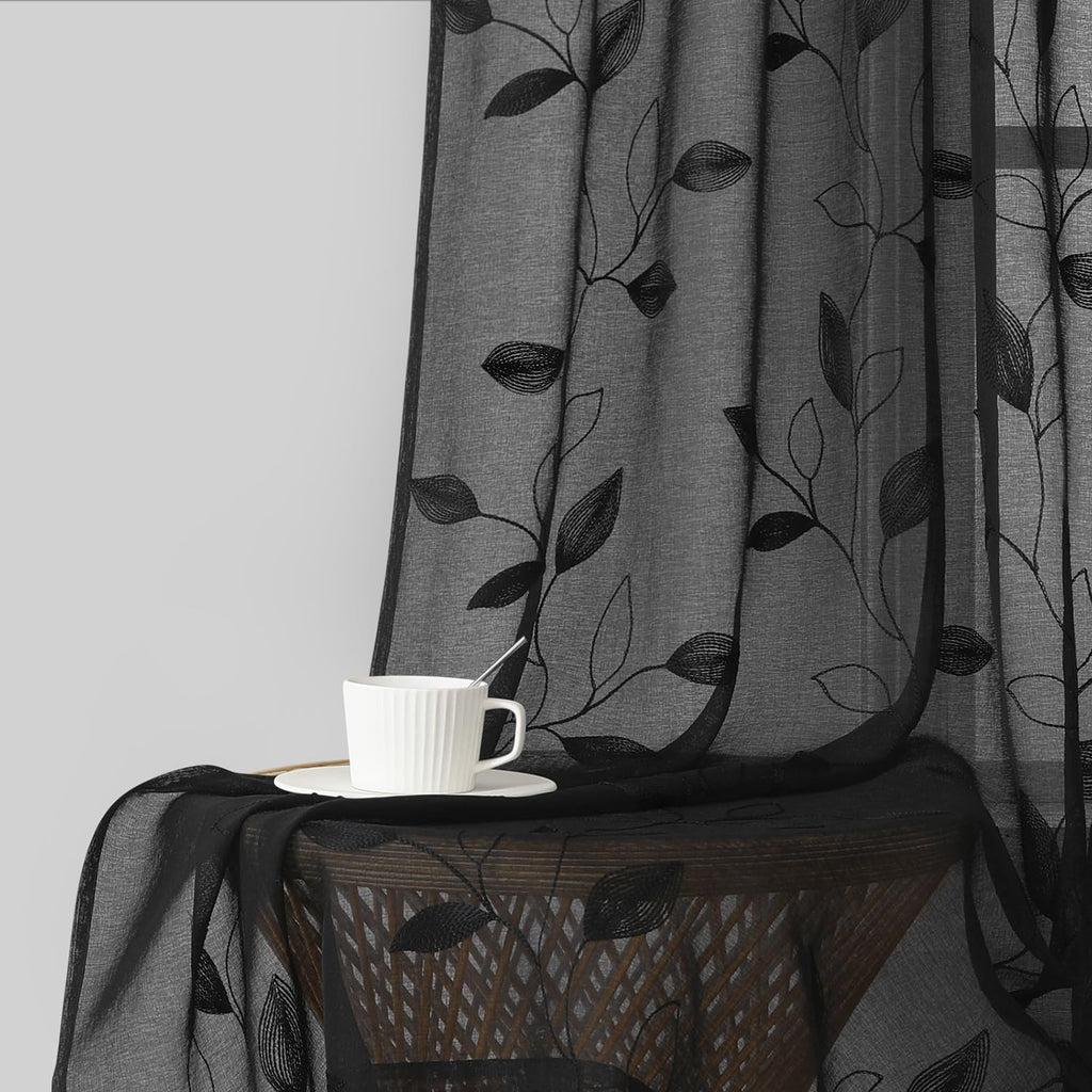 Homeideas Black Sheer Curtains 52 X 84 Inches Length 2 Panels Black Embroidered Leaf Pattern Pocket Faux Linen Floral Semi Sheer