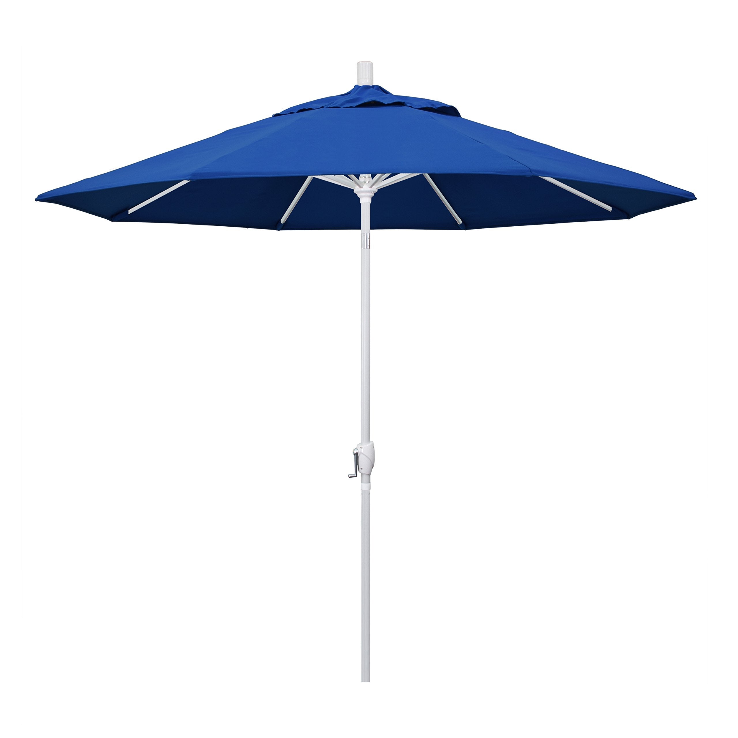 California Umbrella 9' Round Aluminum Market Umbrella, Crank Lift, Push Button Tilt, White Pole, Pacifica Pacific Blue
