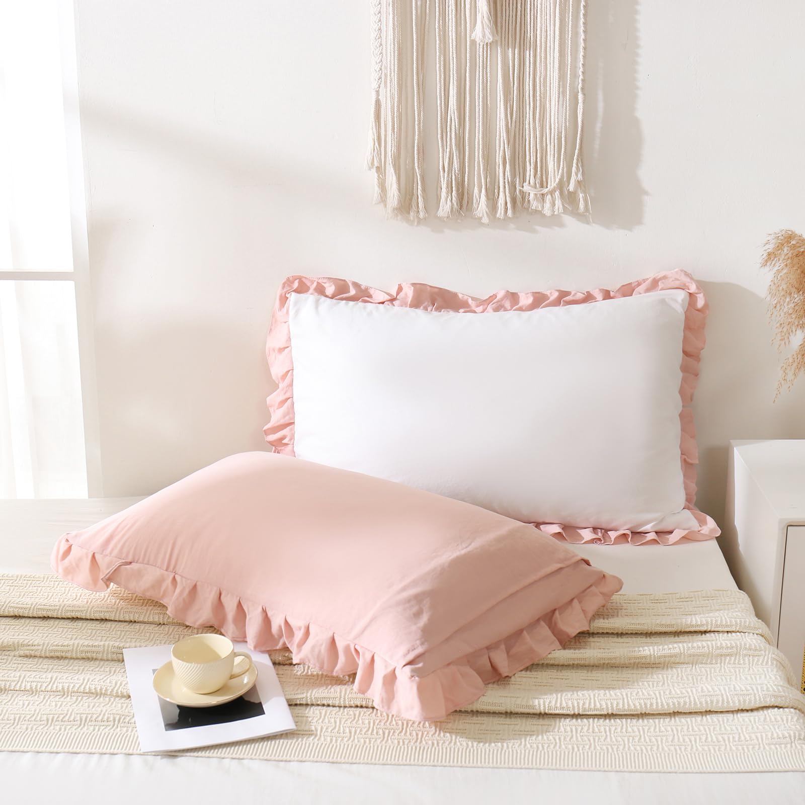 Merryword Pink Pillow Shams White And Pink Reversible King Pillowcases Cute Pillow Cover Set Of 2 Soft Shabby Chic Ruffled Pillo