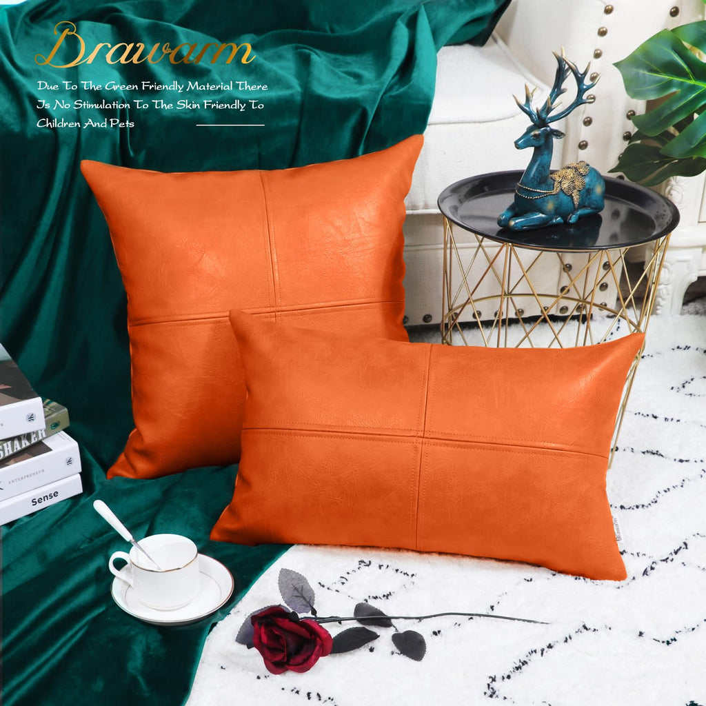 Brawarm Faux Leather Throw Pillow Covers 18 X 18 Inches, Orange Leather Pillow Cover, Hand Stitched Leather Decorative Pillow Co