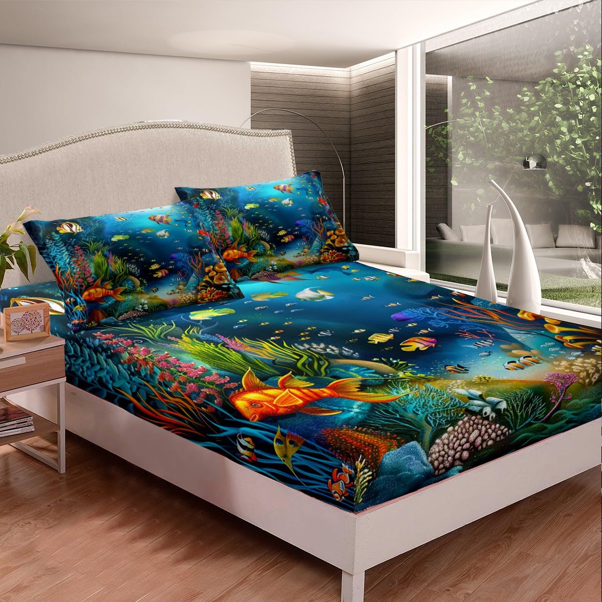 Kids Sheet Set Queen Cartoon Ocean Fish Bed Sheets Ocean Marine Theme Bedding Set For Boys Girls Soft And Cozy Sea Underwater World Sheets Set With Sealife Deep Pocket Fitted Sheet,Vibrant