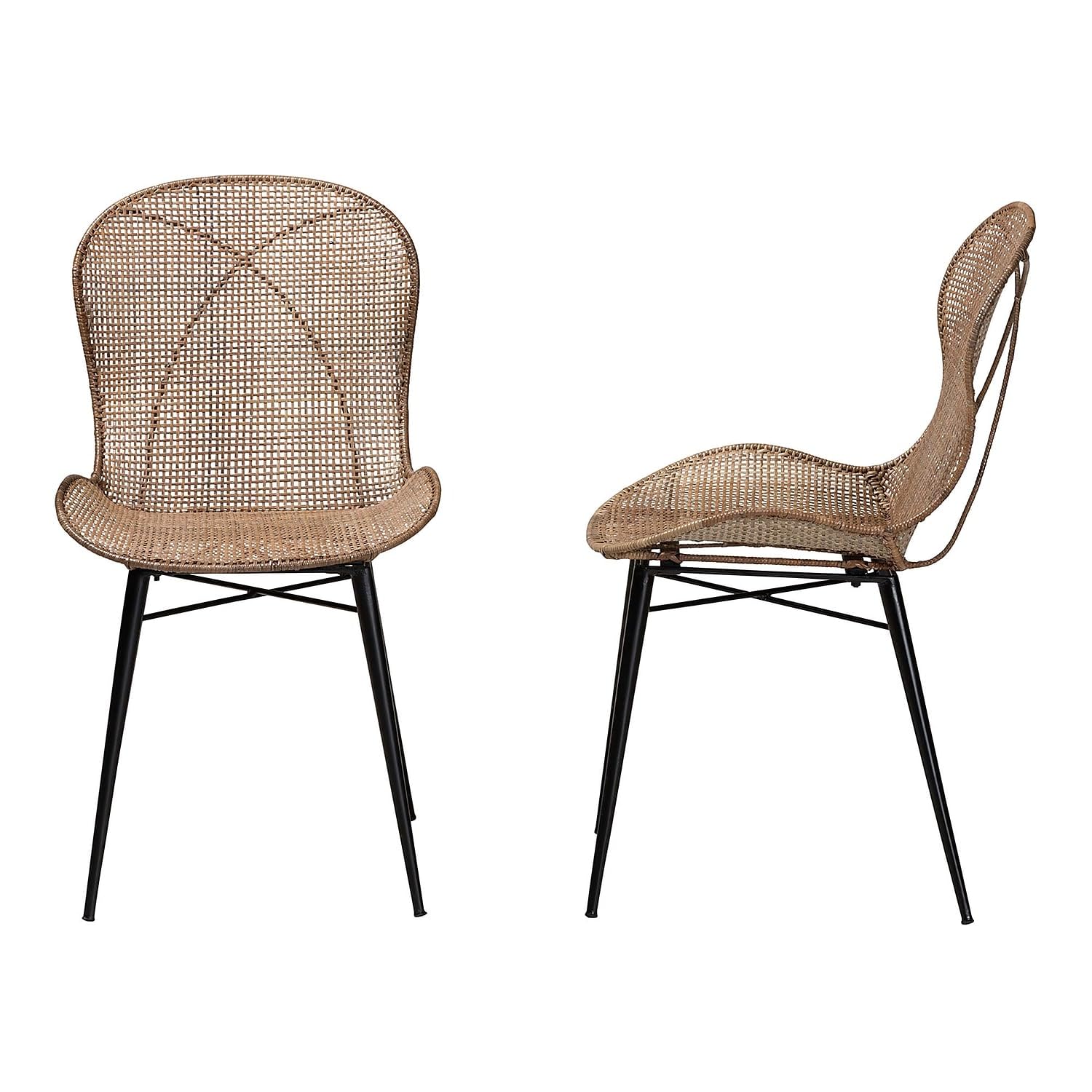 Baxton Studio Bali & pari Sabelle Japandi Greywashed Rattan and Black Metal 2-Piece Dining Chair Set