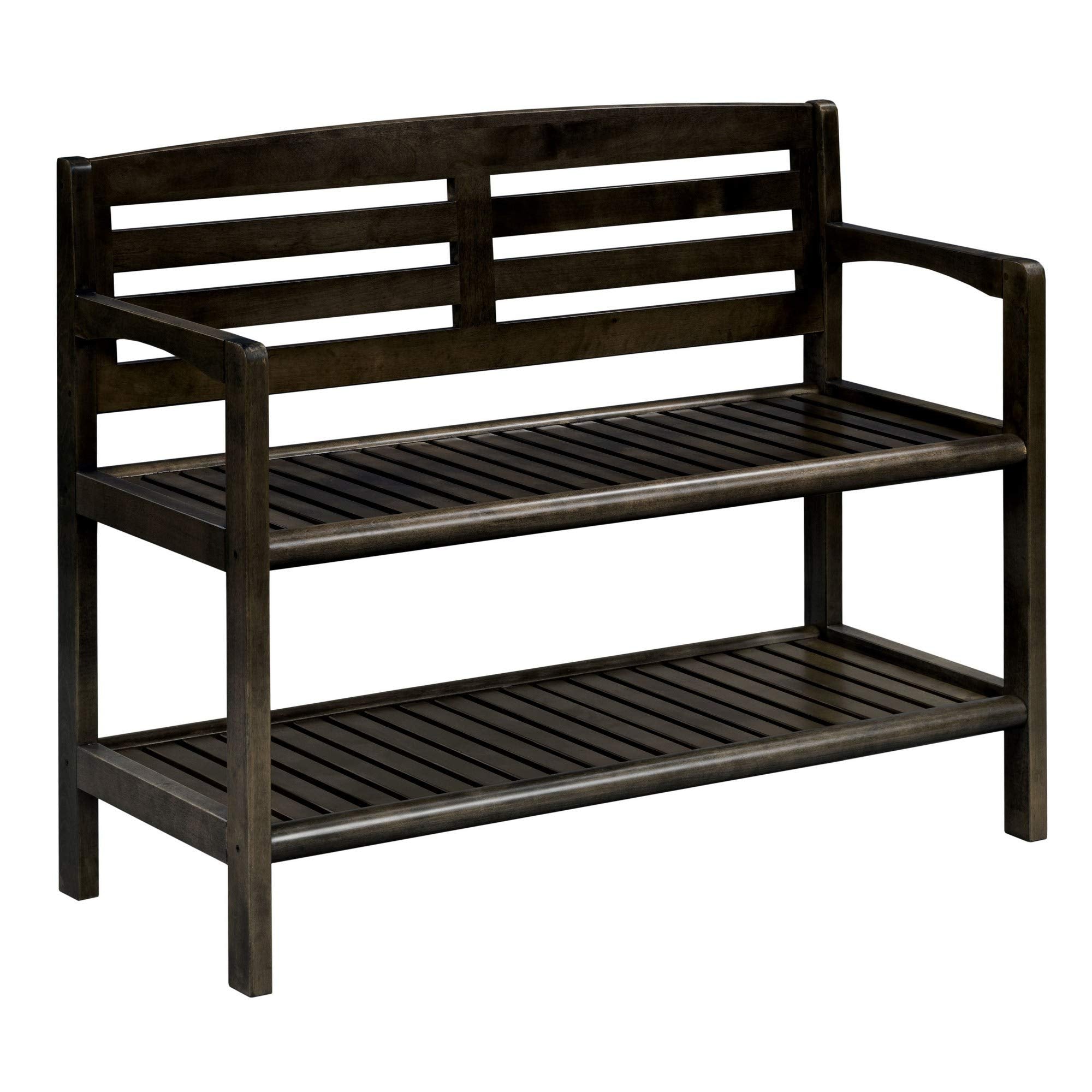HomeRoots Espresso Finish Solid Wood Slat Bench with High Back and Shelf