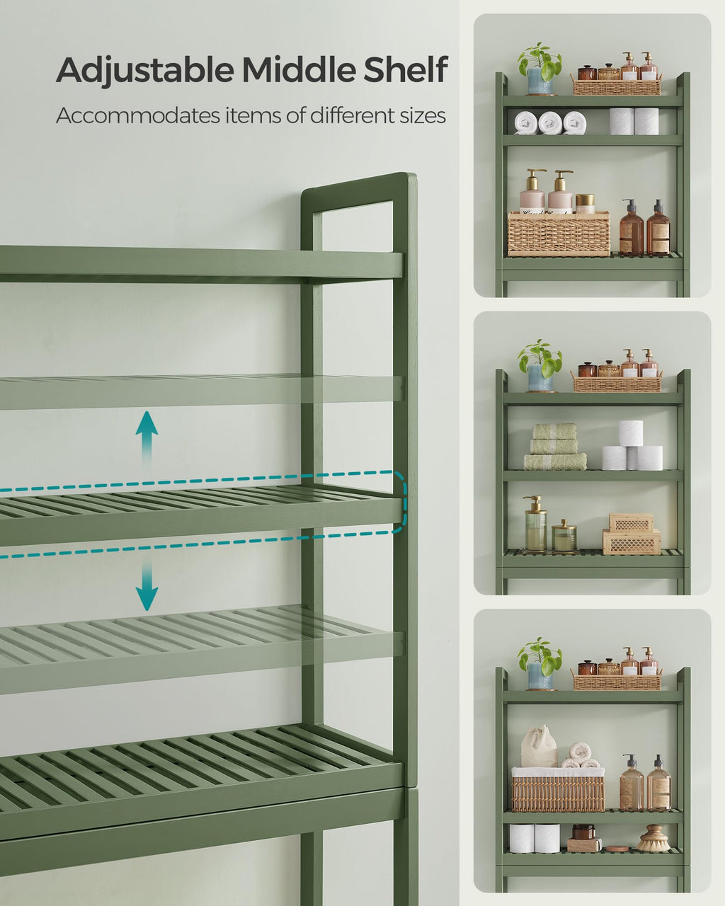Songmics Over The Toilet Storage, 3-Tier Over Toilet Bathroom Organizer With Adjustable Shelf, Fit Most Toilets, Space-Saving, Forest Green Ubts001C01