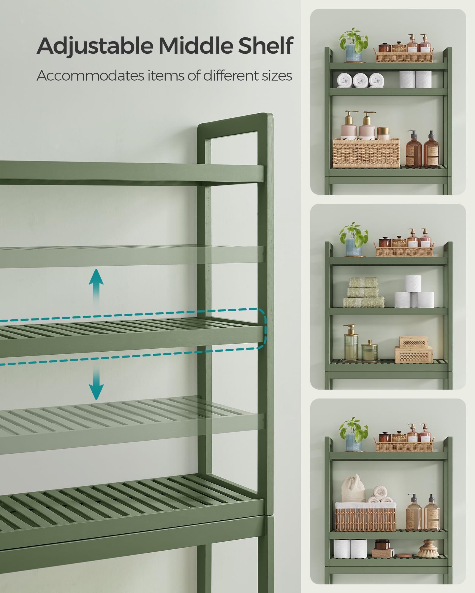 Songmics Over The Toilet Storage, 3-Tier Over Toilet Bathroom Organizer With Adjustable Shelf, Fit Most Toilets, Space-Saving, Forest Green Ubts001C01