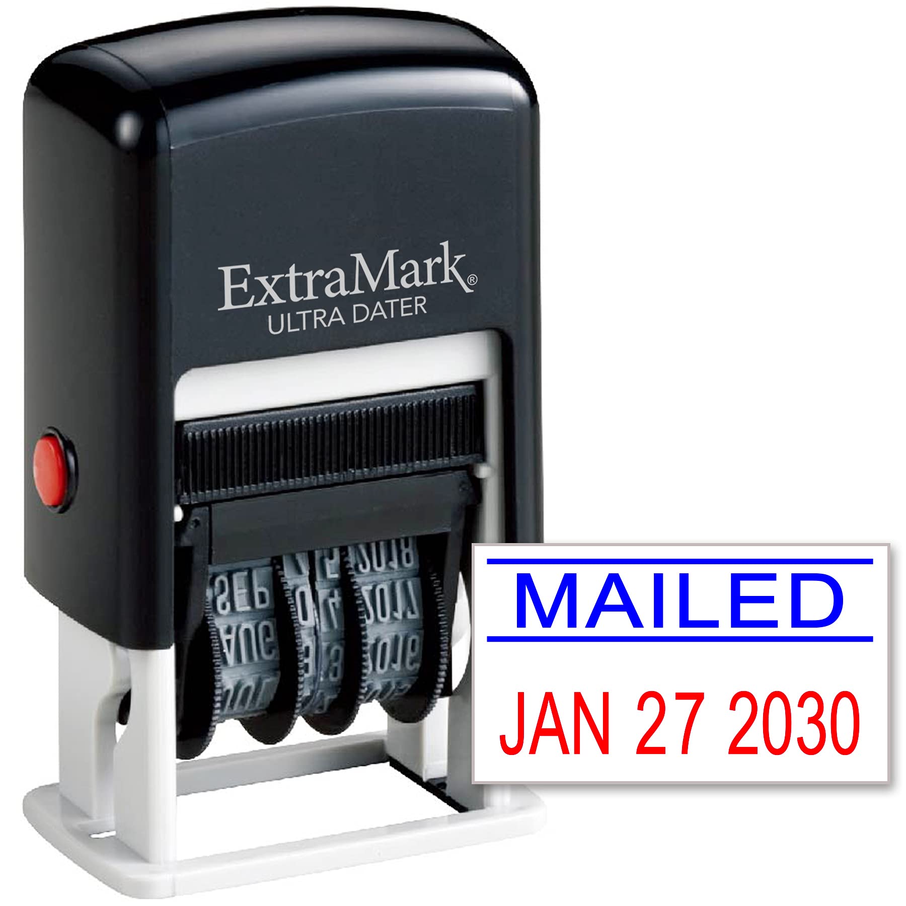 Extramark Ultra Dater Self-Inking Rubber Date Office Stamp With Mailed Phrase & Date - Style 3, Blue/Red Ink, 12-Year Band