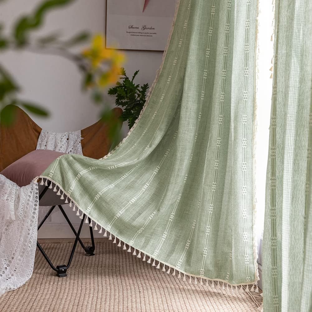 Colorbird Green Linen Curtains 63 Inch Length, 2 Panels Boho Linen Living Room Curtain, Farmhouse Bedroom Curtains, Embroidered
