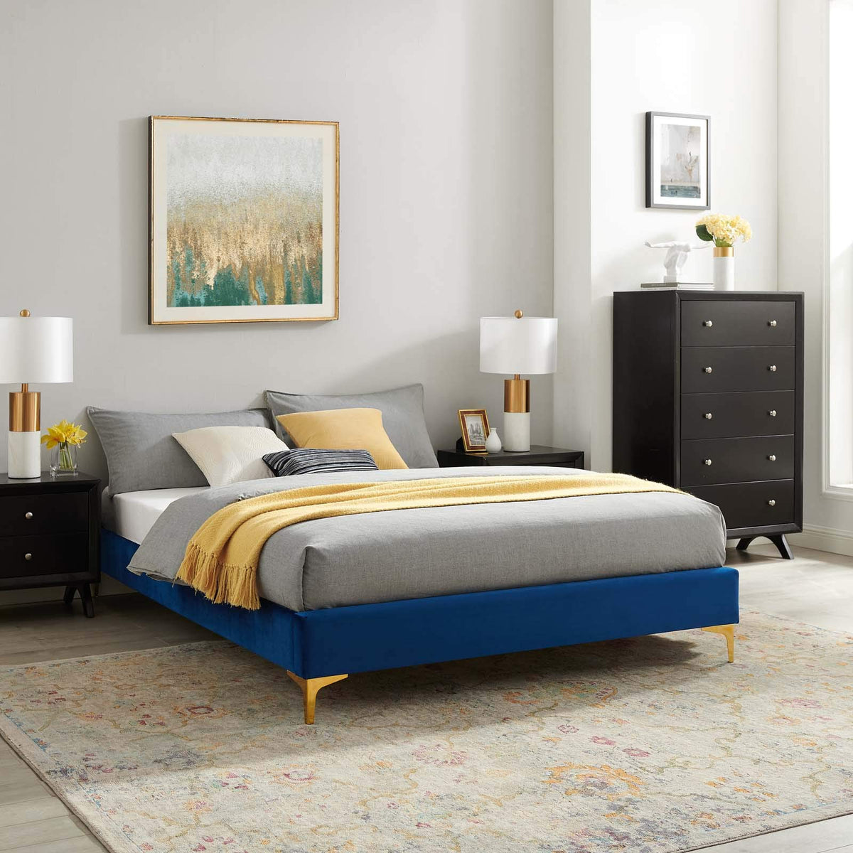 Modway Mod-6305-Nav Sutton Twin Performance Velvet Bed Frame, Navy