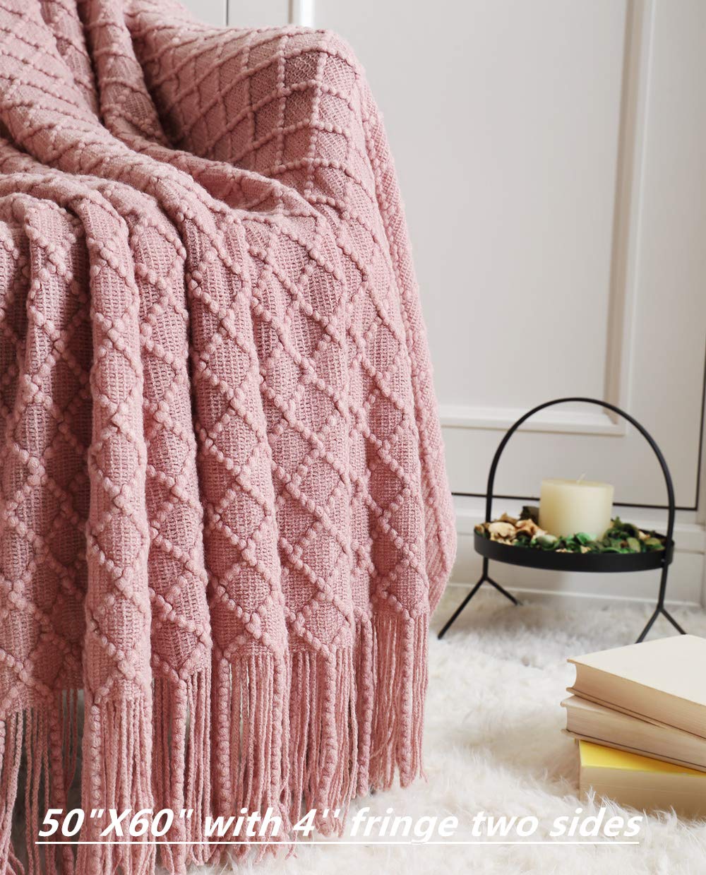 Crevent Light Blush Pink Knit Throw Blanket For Couch Sofa Chair - Soft And Decorative For Spring Summer (50''X60'' Dusty Pink/P