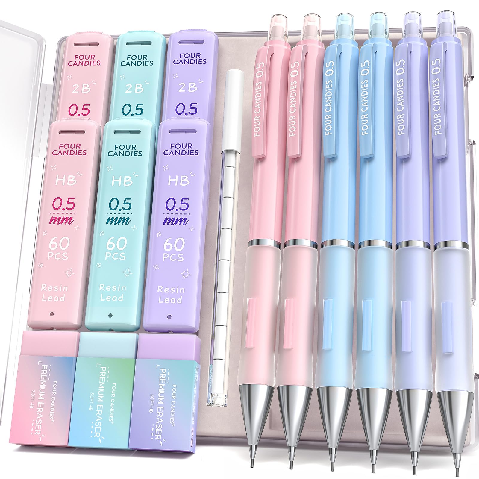 Four Candies 0.5 Mm Mechanical Pencil Set - 6Pcs Cute Pencils With 360Pcs Hb & 2B Lead Refills, 3Pcs Pastel Erasers And 9Pcs Era