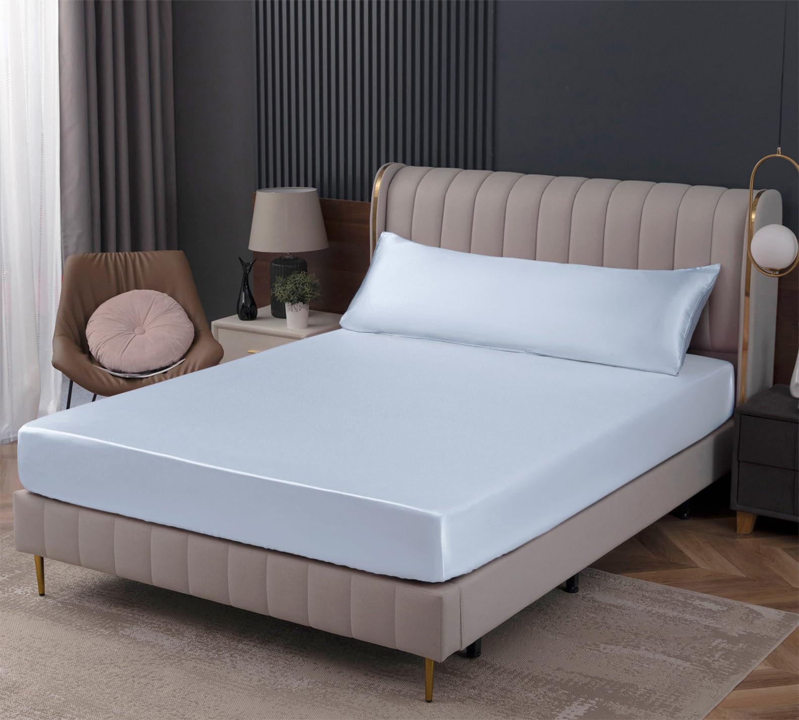 Homiest Baby Blue Satin Fitted Sheet Queen Size Fitted Bed Sheet, Deep Pocket Fitted Sheet Only, Luxury & Ultra Soft Bedding Fitted Sheet Single Bottom Bed Sheets Sold Separately