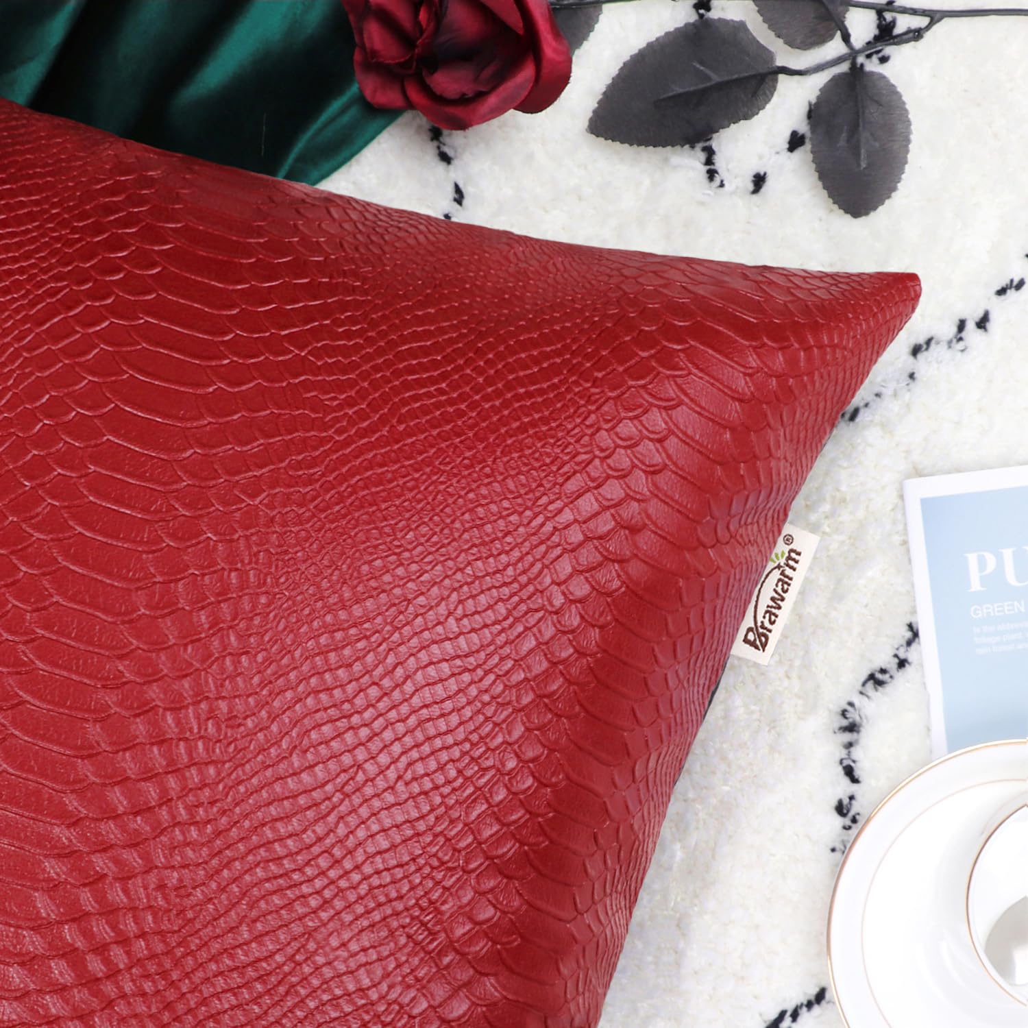 Brawarm Christmas Red Leather Throw Pillows 22 X 22 Inches, Snake Leather Pillow Covers Pack Of 2, Faux Leather Decorative Pillo