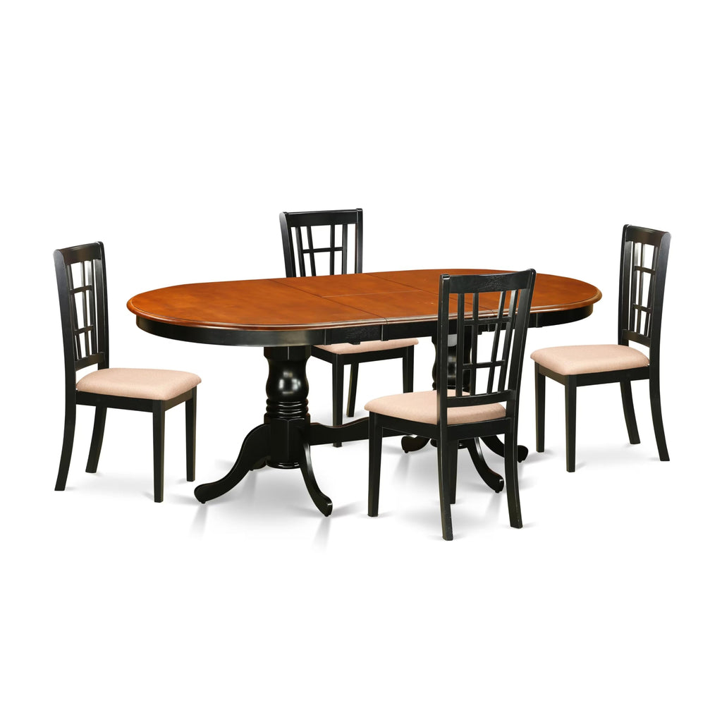 East West Furniture PLNI5-BCH-C 5 Piece Dining Table Set for 4 Includes an Oval Kitchen Table with Butterfly Leaf and 4 Linen Fabric Kitchen Dining Chairs, 42x78 Inch, Black & Cherry