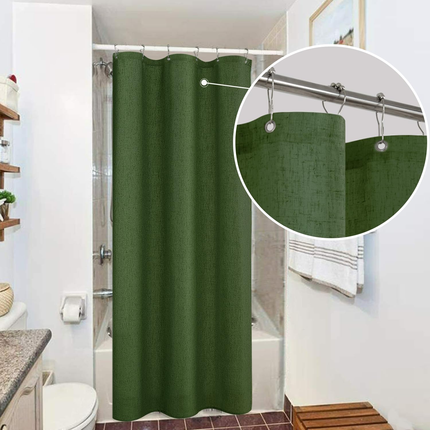 Koufall Olive Green Waterproof Linen Fabric Shower Curtain For Bathroom 36X72 Inches Long