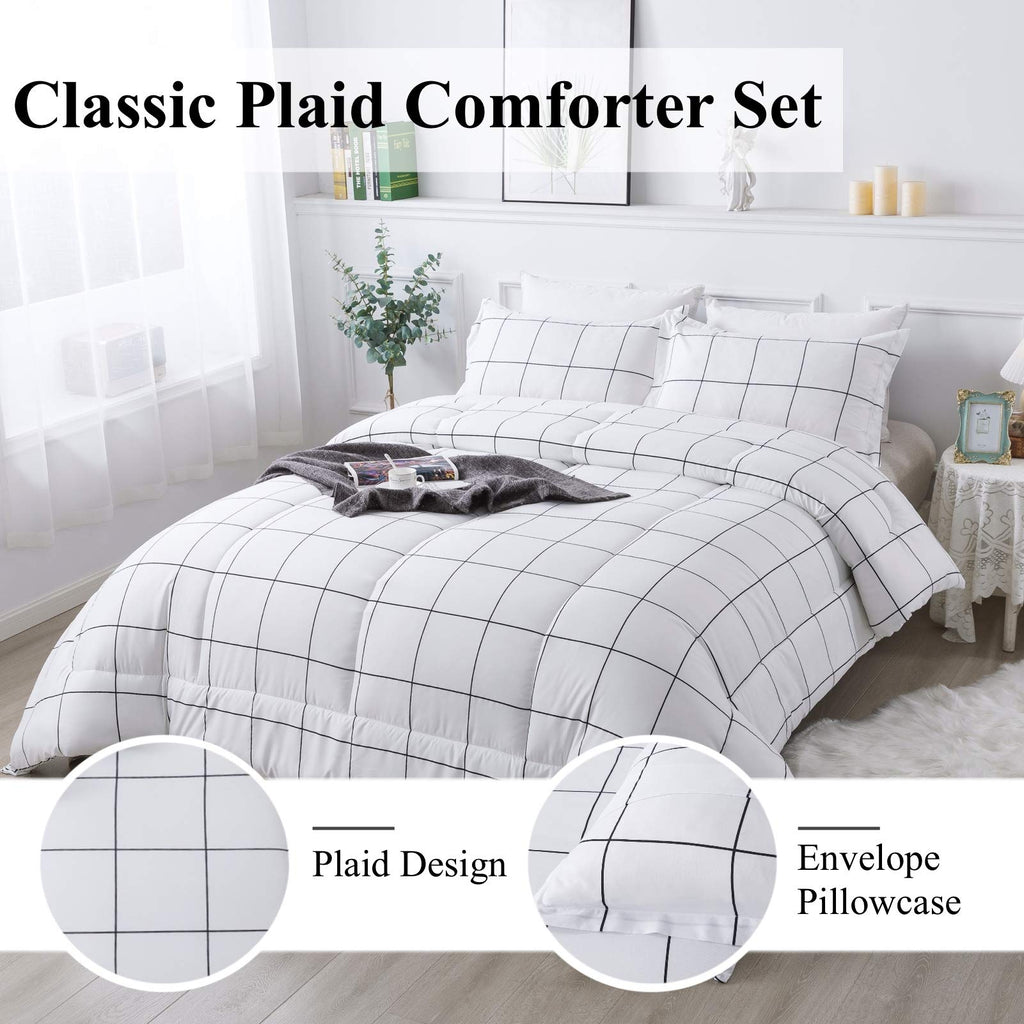Andency White Grid Comforter Set Twin(66X90Inch), 2 Pieces (1 Plaid Comforter And 1 Pillowcase) White Plaid Comforter Set, Light