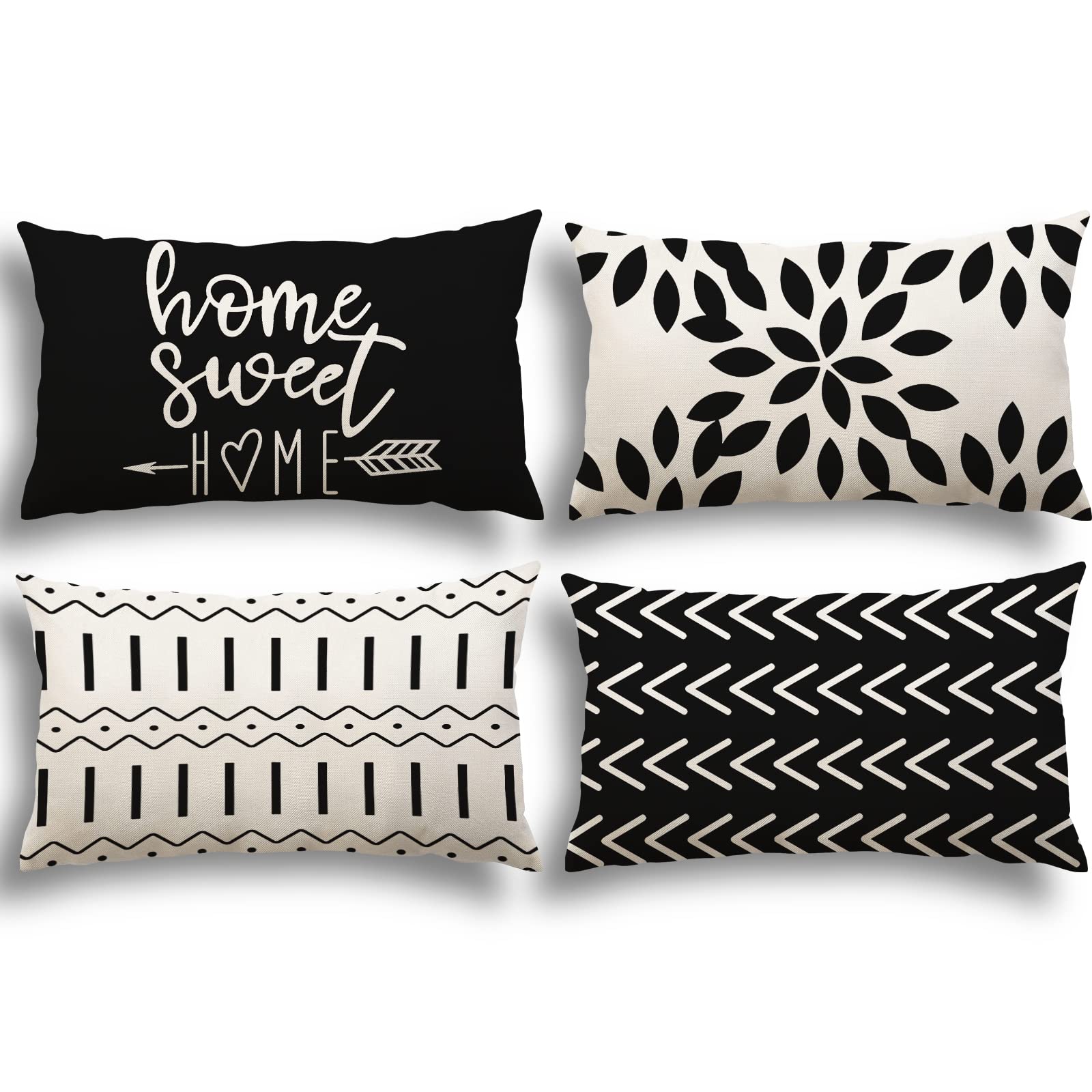 Ycoll Lumbar Pillow Covers 12X20 Set Of 4, Modern Sofa Throw Pillow Cover, Decorative Outdoor Linen Fabric Pillow Case For Couch