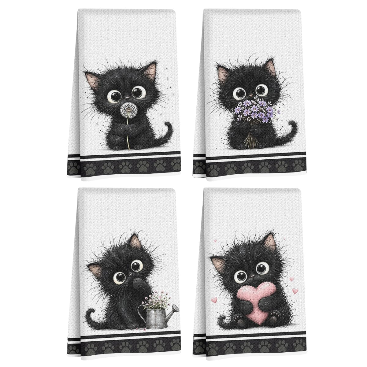 Jztco 4 Pcs Cute Cat Kitchen Towels, Cat Gifts Reusable Hand Towels02
