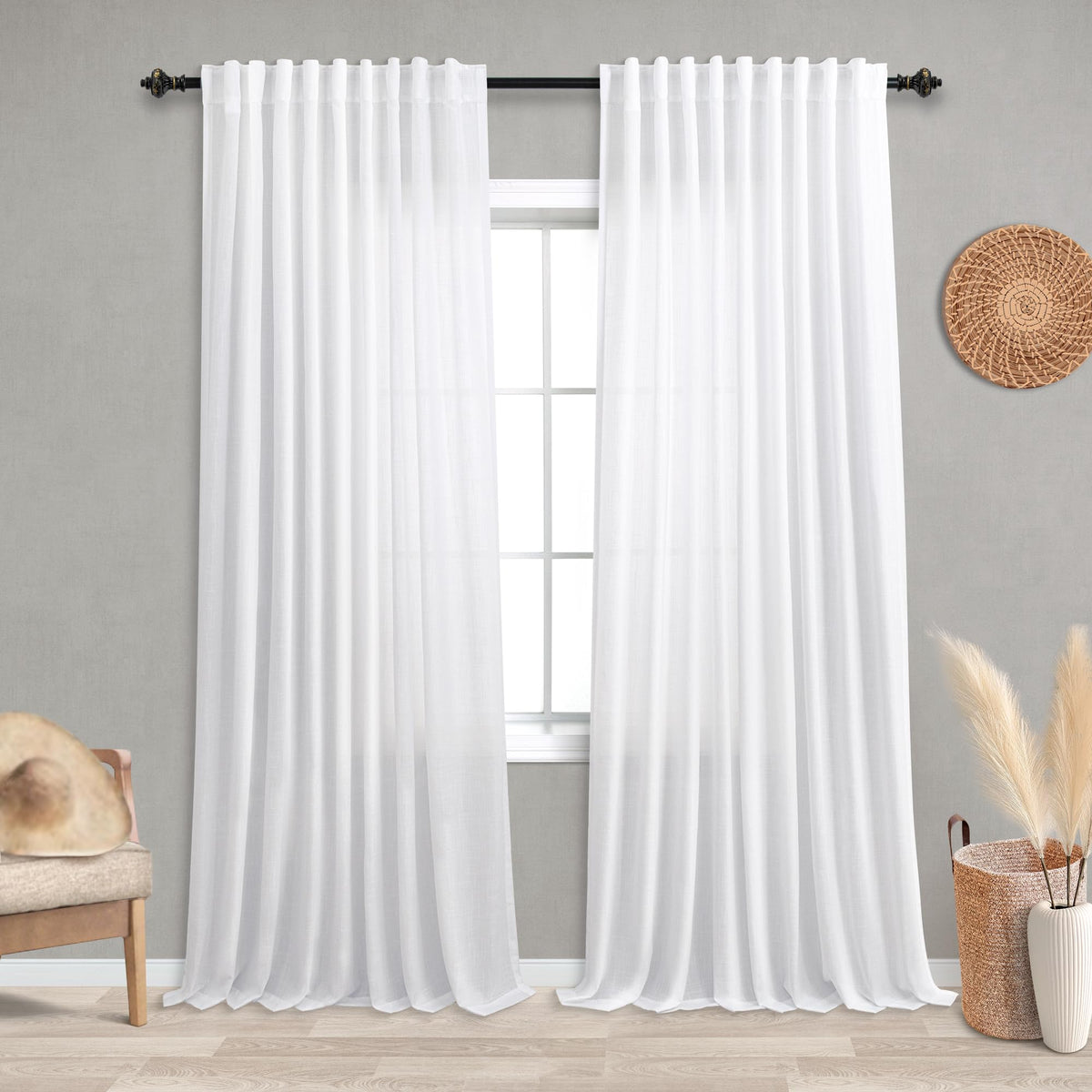 Koufall Back Tab Rod Pocket Linen Sheer Curtains For Living Room-White-72 By 90