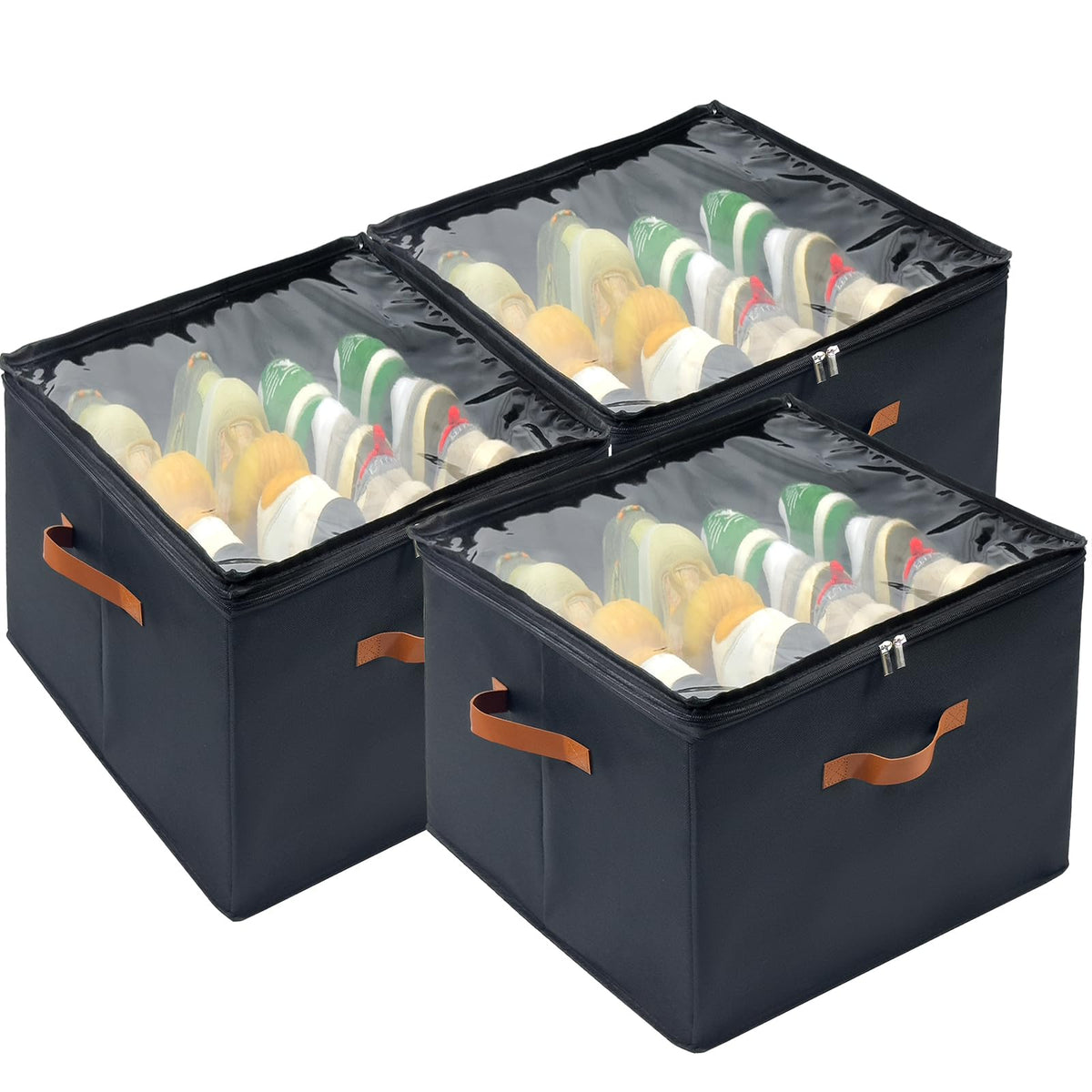 Vexalora Shoe Organizer for Closet, 3 Pack Shoe Storage Bins with Clear Cover, Adjustable Dividers Fits 2448 Pairs, Black