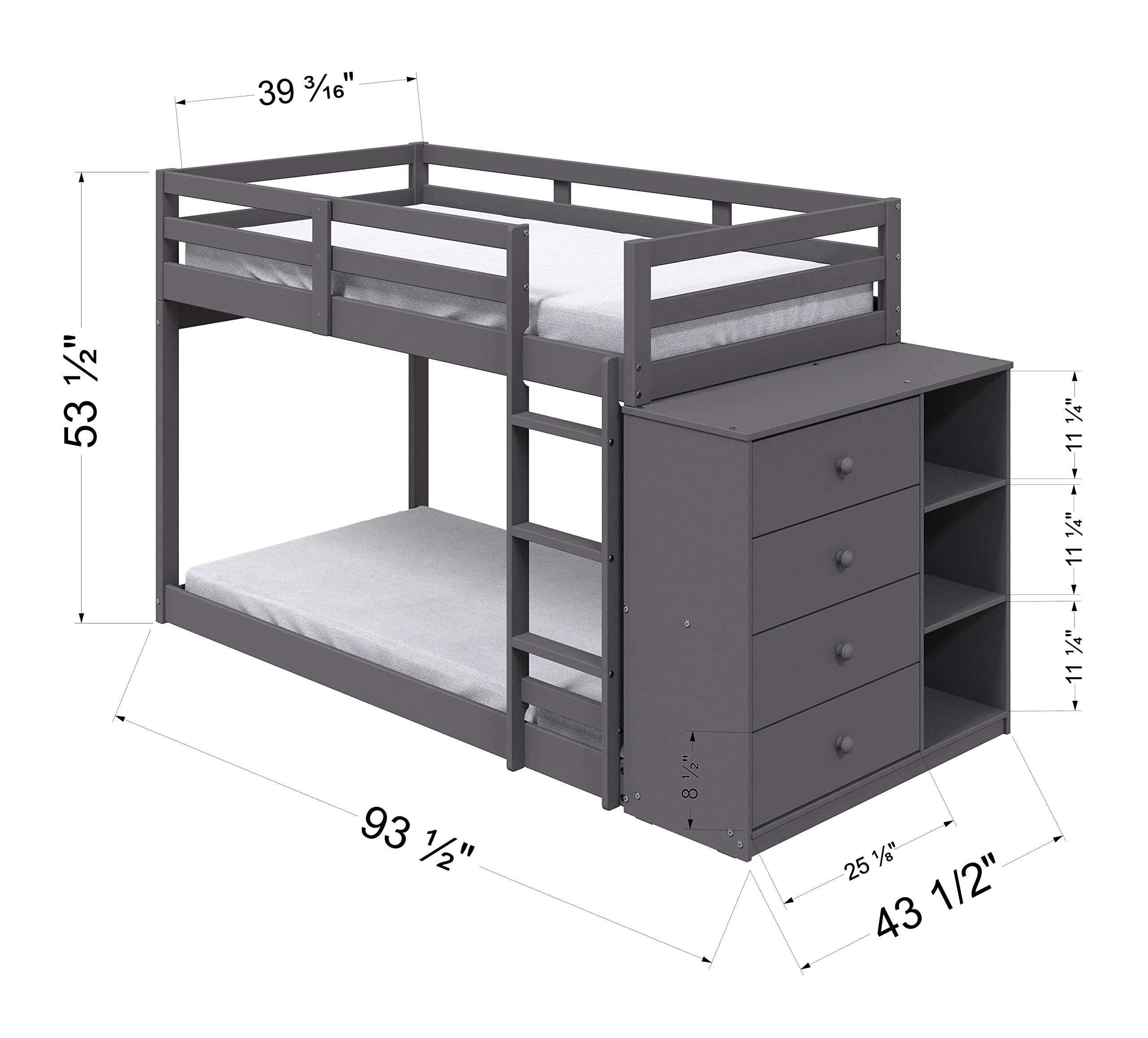 Acme Gaston Twin Over Twin Wooden Bunk Bed with Storage Cabinet in Gray