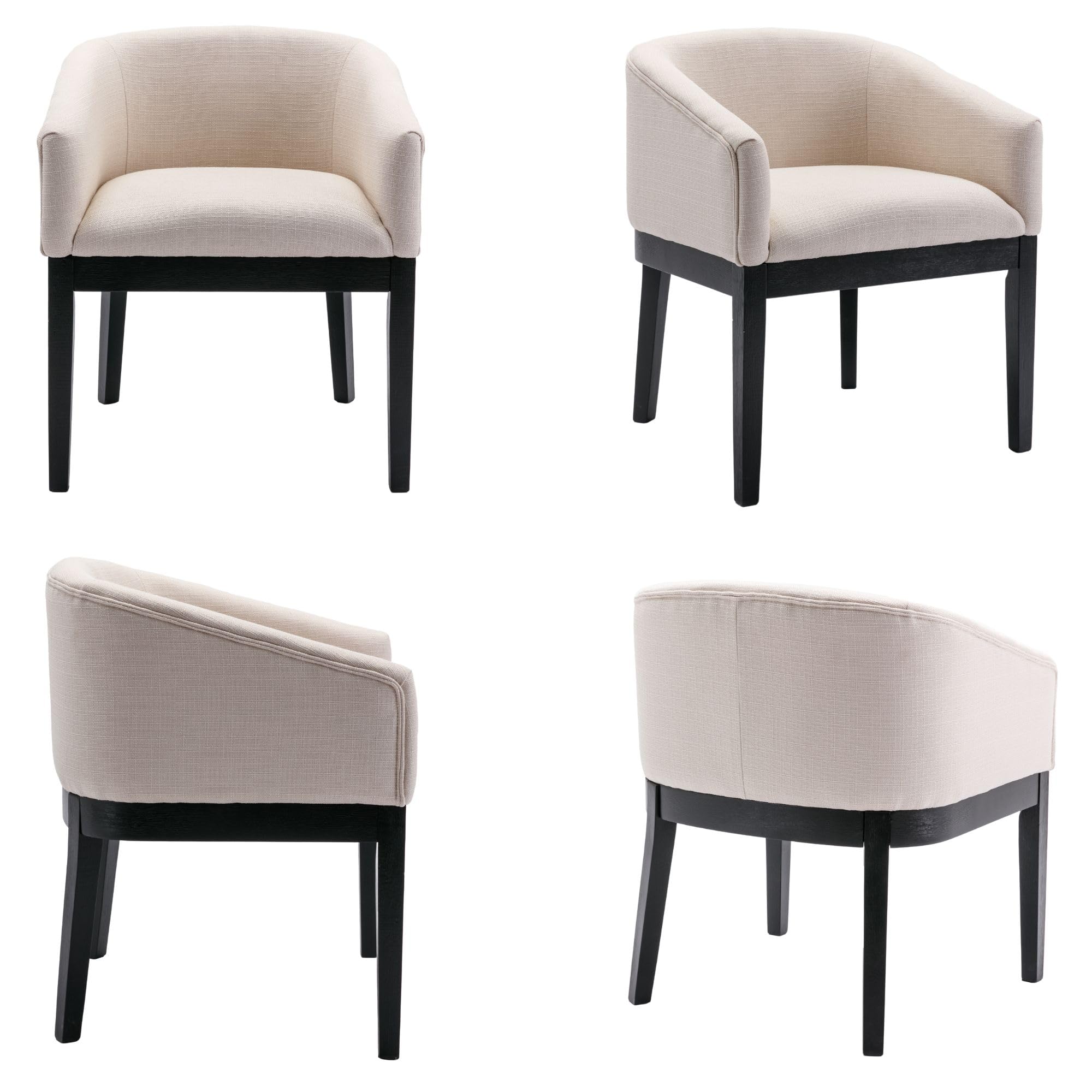 Washon Upholstered Dining Chairs With Arms Set Of 4, Farmhouse Linen Fabric Dining Room Chairs With Black Wood Legs, Mid Century