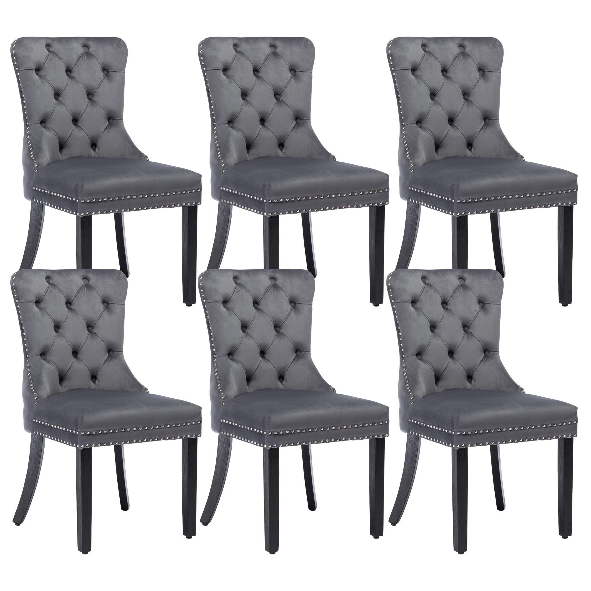 Kcc Velvet Dining Chairs Set Of 6, Upholstered High-End Tufted Dining Room Chair With Nailhead Back Ring Pull Trim Solid Wood Le