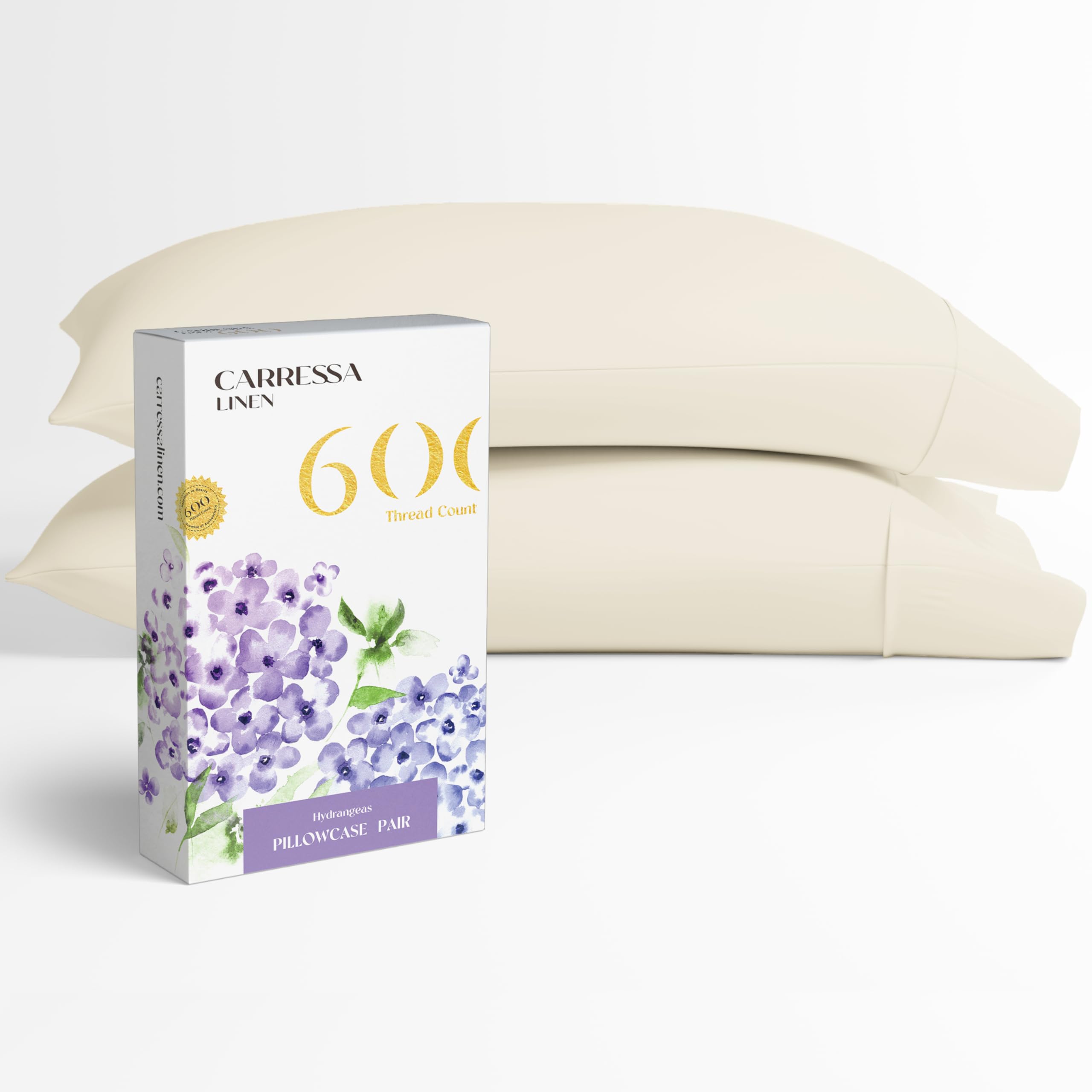 Carressa Linen 100% Egyptian Cotton Pillow Cases Set Of 2-600 Thread Count Ivory Cream Standard/Queen Pillowcase For Sleeping, S
