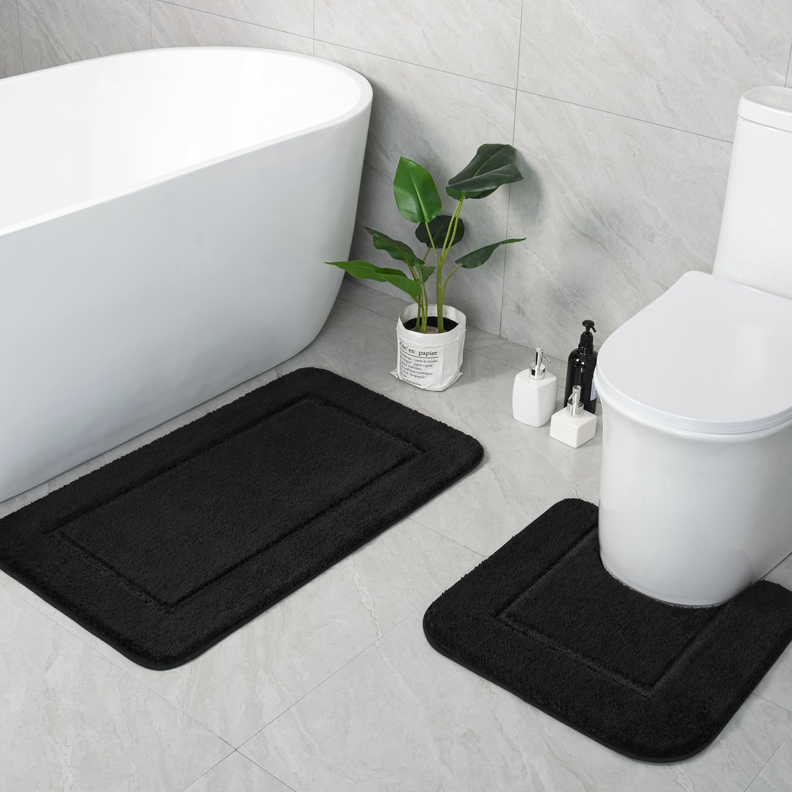 LOCHAS Bathroom Rug Set Black, Soft Bath Rug Set 2 Piece Set, Toilet Mat U-Shaped 20x20 and 34x20 Bathroom Rugs, Quickly Dry Mat