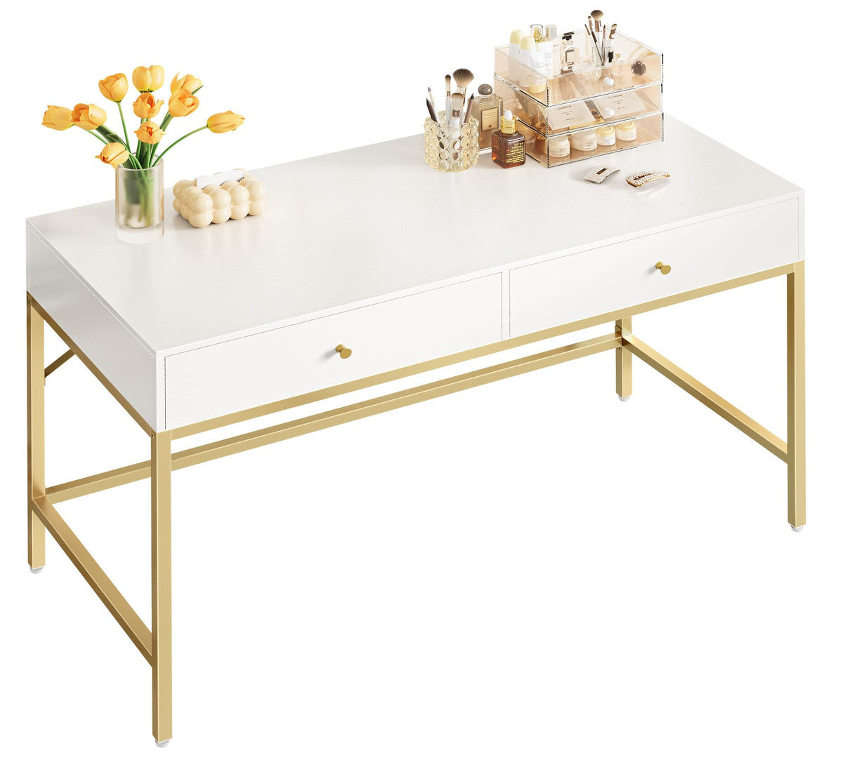 Superjare Vanity Desk With Drawers, 47 Inch Computer Desk, Modern Simple Home Office Desks, Makeup Dressing Table For Bedroom - White And Gold