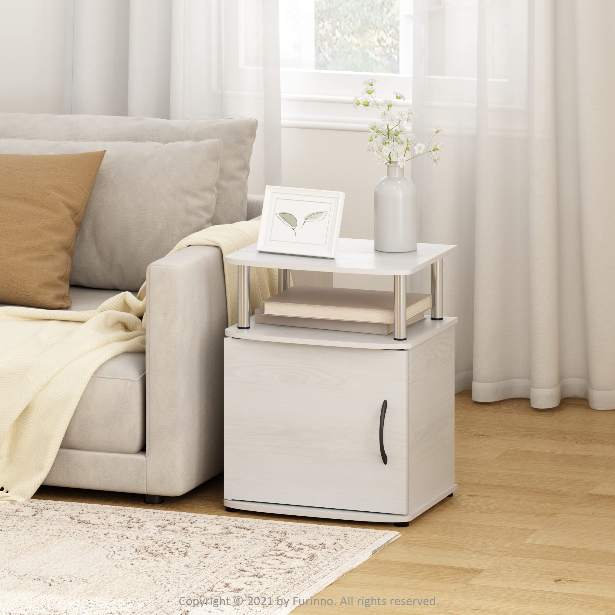 Furinno Jaya End Side Sofa Table/Nightstand with Door, 2-Pack, White Oak/Stainless Steel Tubes