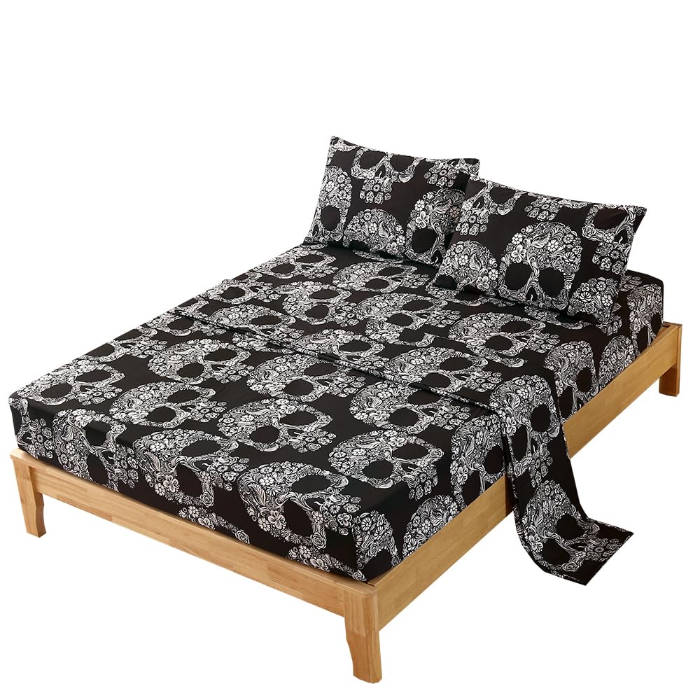 Sdiii 4Pcs Goth Skull Queen Sheet Set, Gothic Bedding Sheet Set, Skeleton Queen Bed Sheets, Bed In A Bag Queen For Halloween On