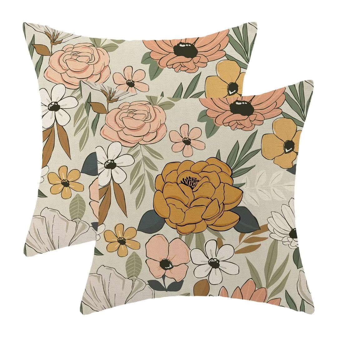 Betginy Spring Floral Throw Pillow Covers 24X24 Set Of 2, Floral Decorative Outdoor Pillow Covers Rustic Modern Watercolor Flowe
