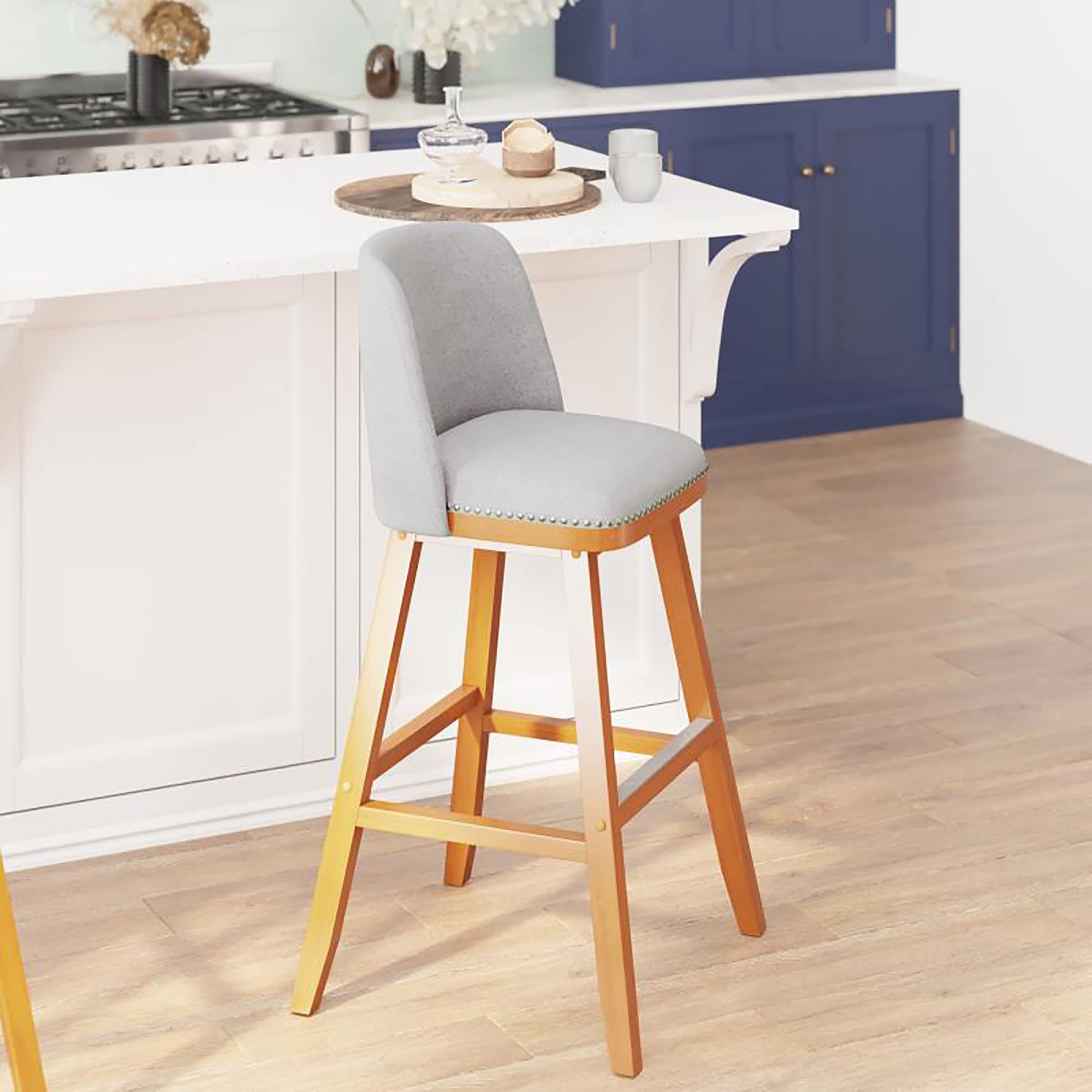 Flash Furniture Julia Set of 2 Transitional Bar Stools - Gray Faux Linen Upholstery - Silver Nailhead Trim - 30 Inch - Walnut Finish Wood Frames